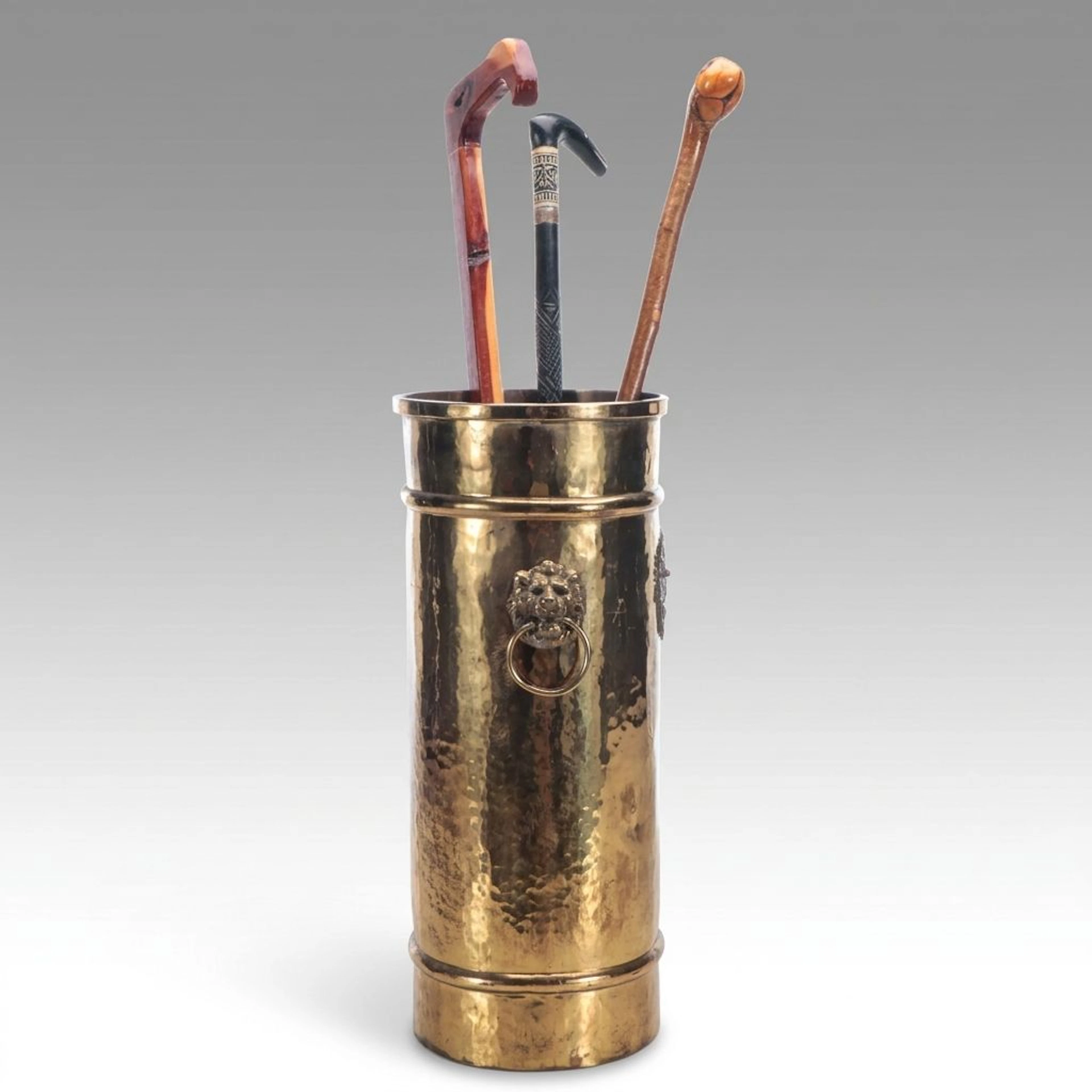 Hammered Brass Umbrella Stand with Double-Headed Eagle Emblem and