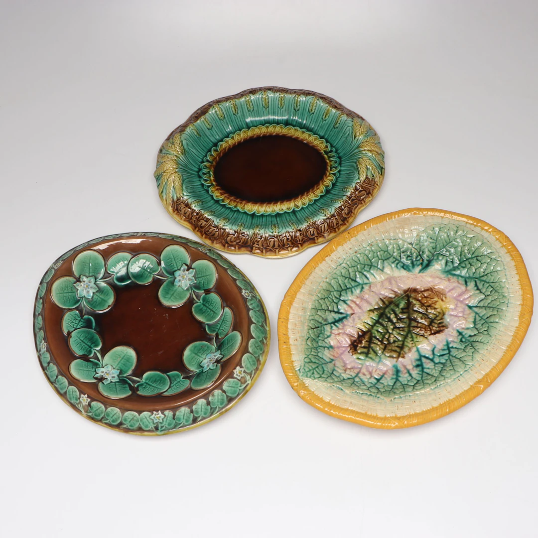 European Majolica Wheat and Water Lily Bread Trays with Begonia Leaf Platter