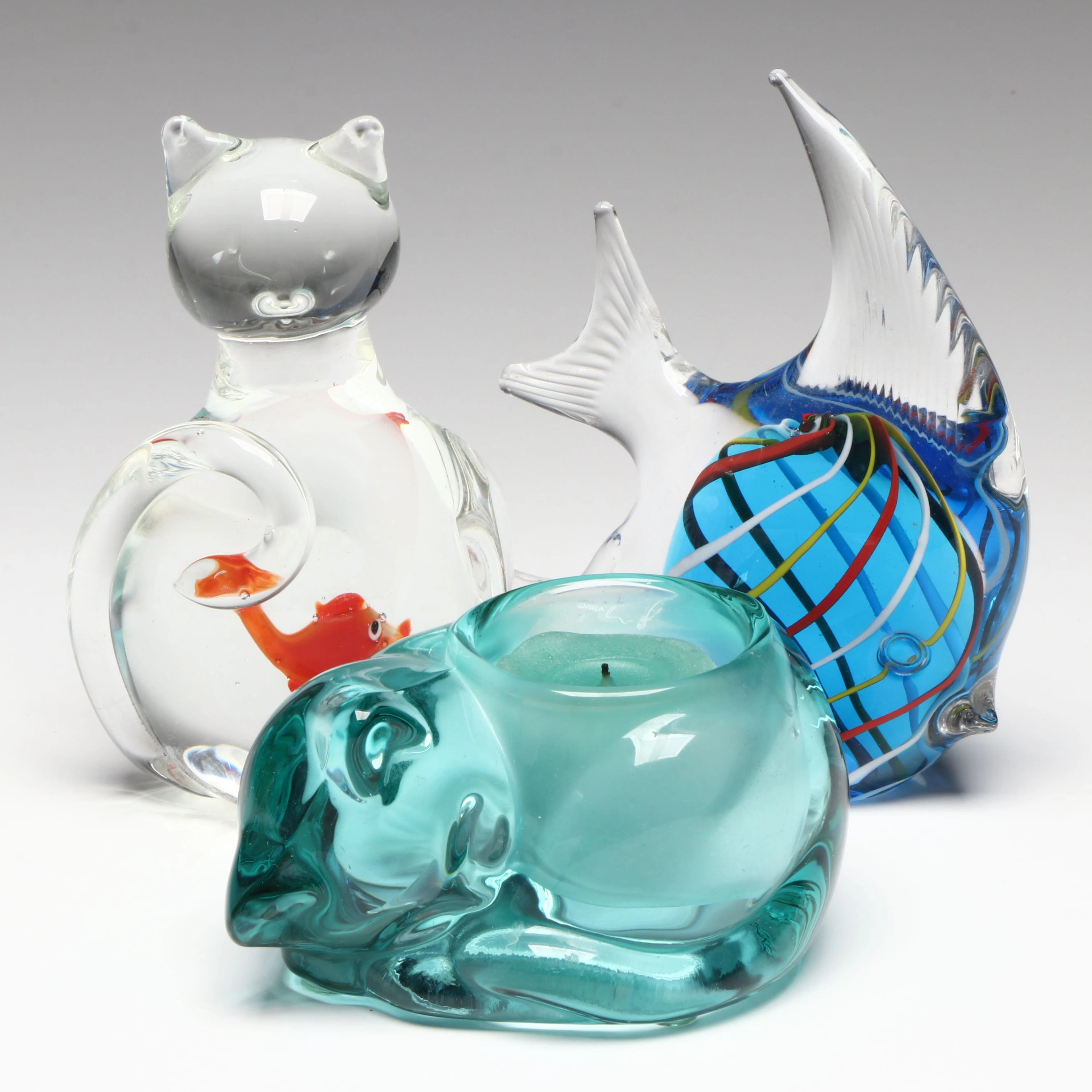 Murano Style Angelfish, Cat with Goldfish, and Glass Kitten Votive