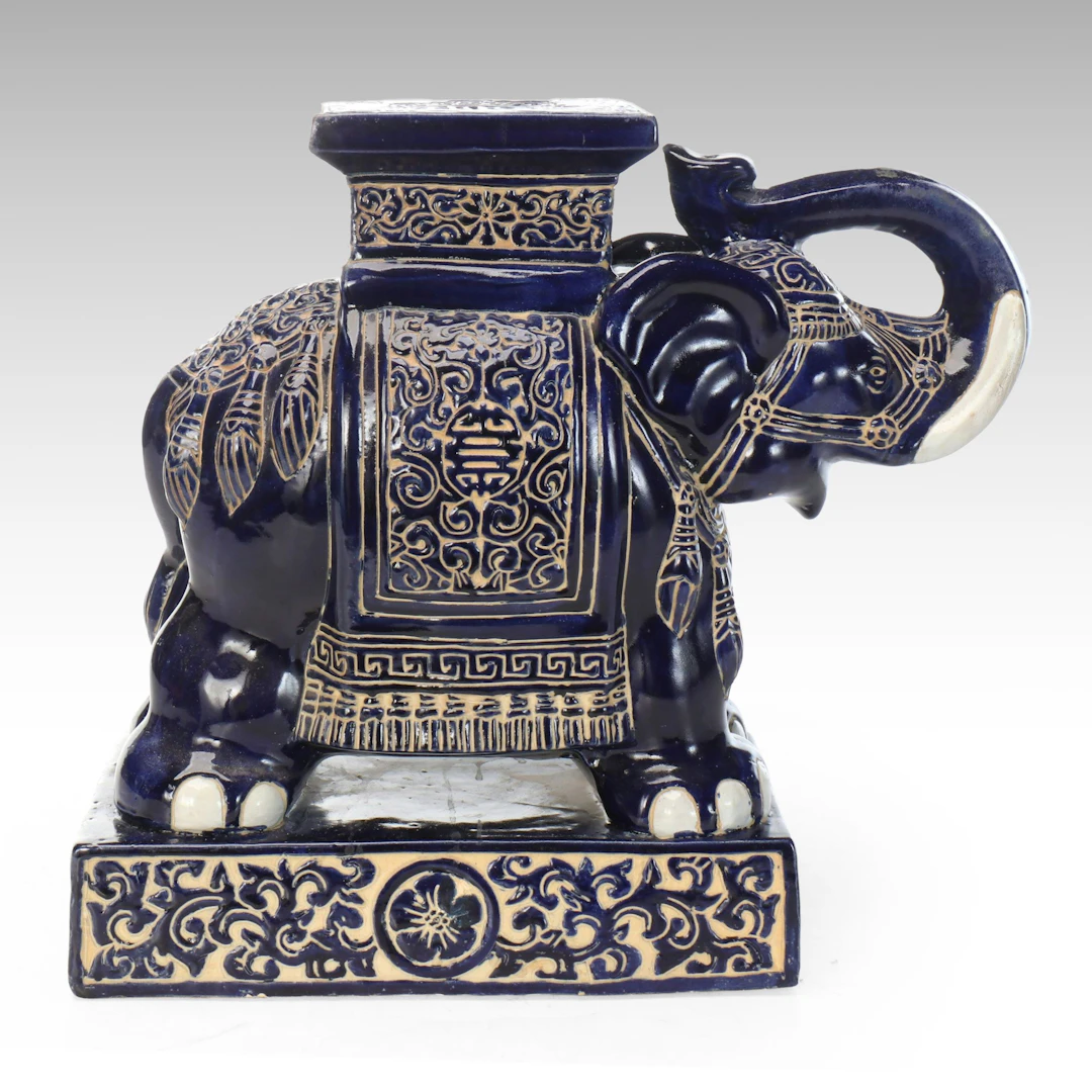 Ornate Floral Blue and White Porcelain Elephant Garden Stool