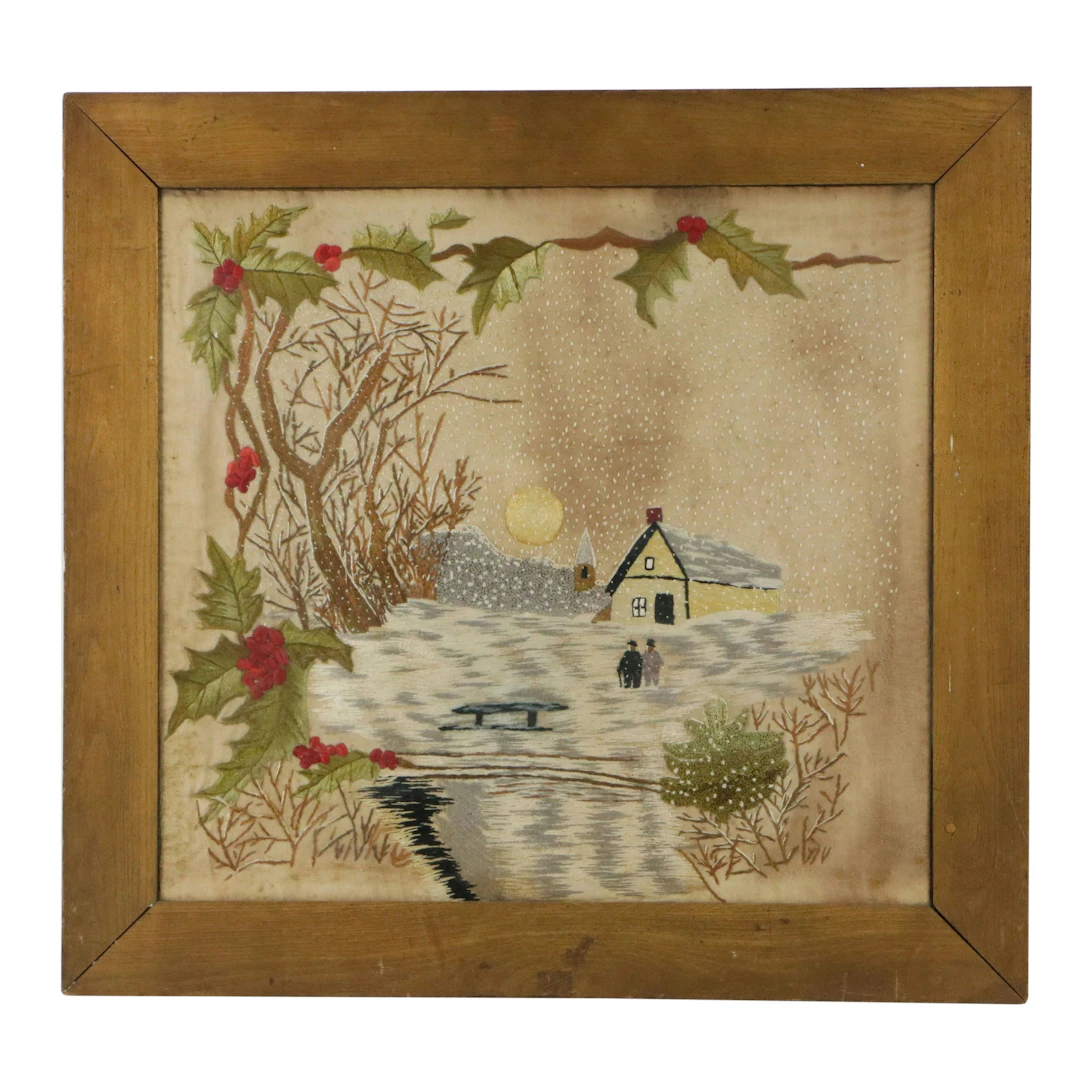 Holiday Folk Art Embroidery of Winter Scene with Holly, Circa Early 20th C.