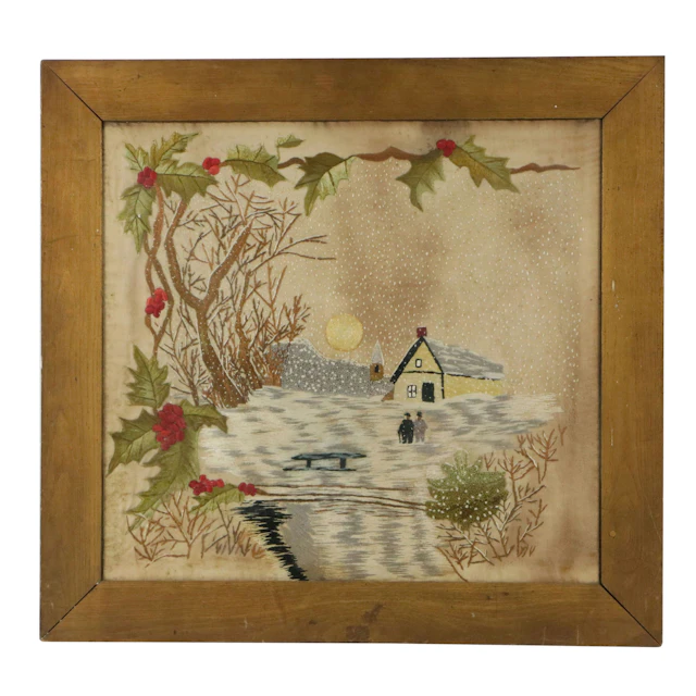 Holiday Folk Art Embroidery of Winter Scene with Holly, Circa Early 20th C.