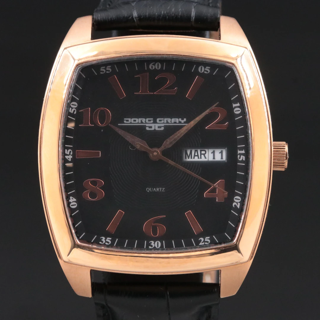 Jorg Gray Rose Tone Tonneau Black Dial Luxury Quartz Watch JG1320-12