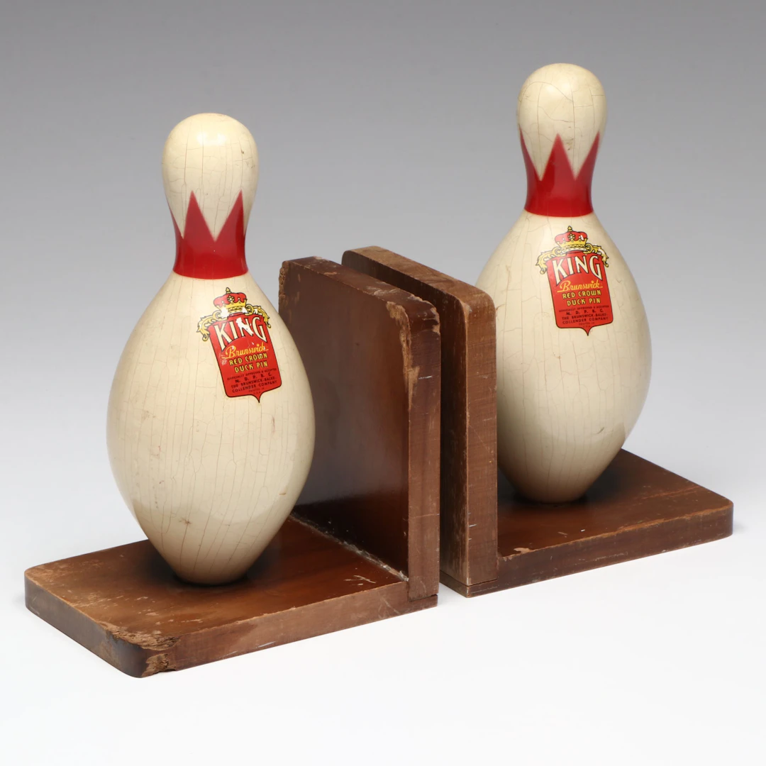 Brunswick-Balke-Collender Company Wooden Bowling Pin Bookends, Mid-20th Century
