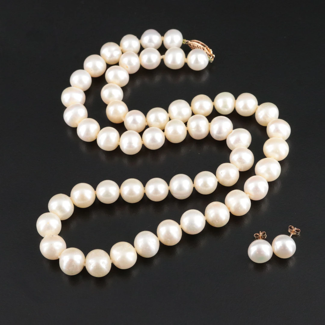 14K Pearl Necklace and Earrings