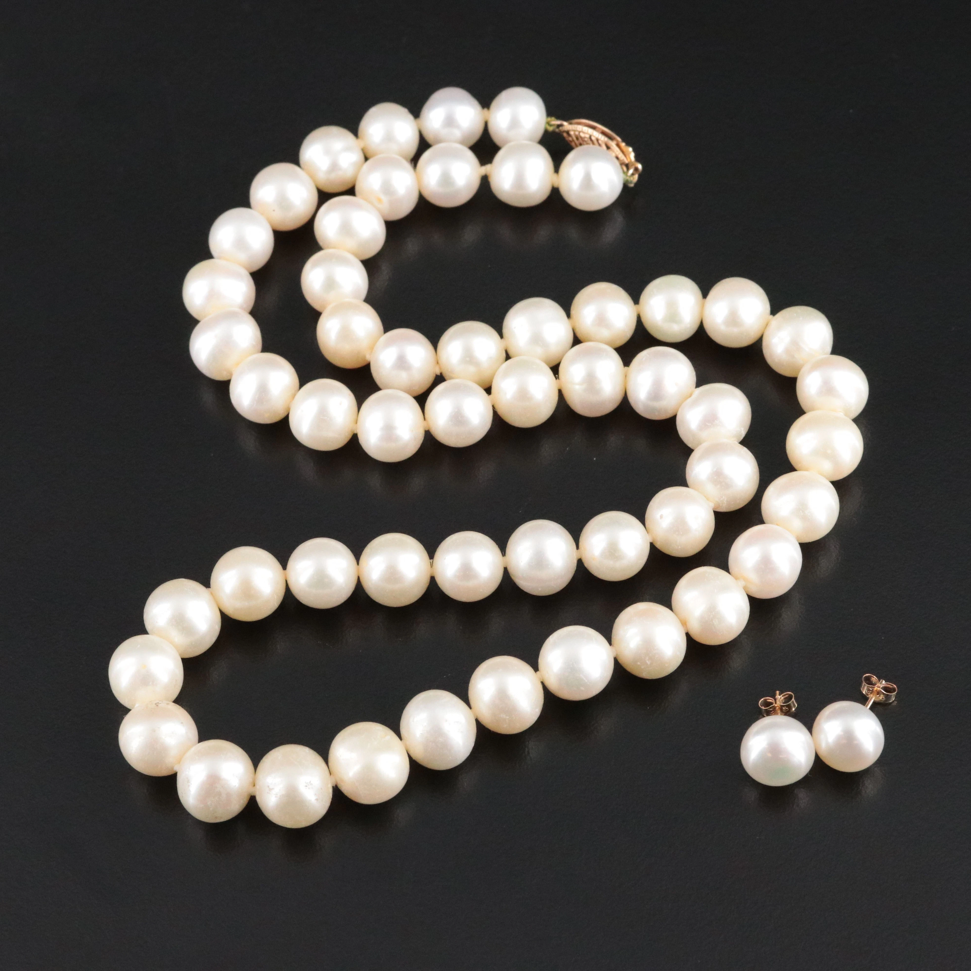 14K Pearl Necklace and Earrings