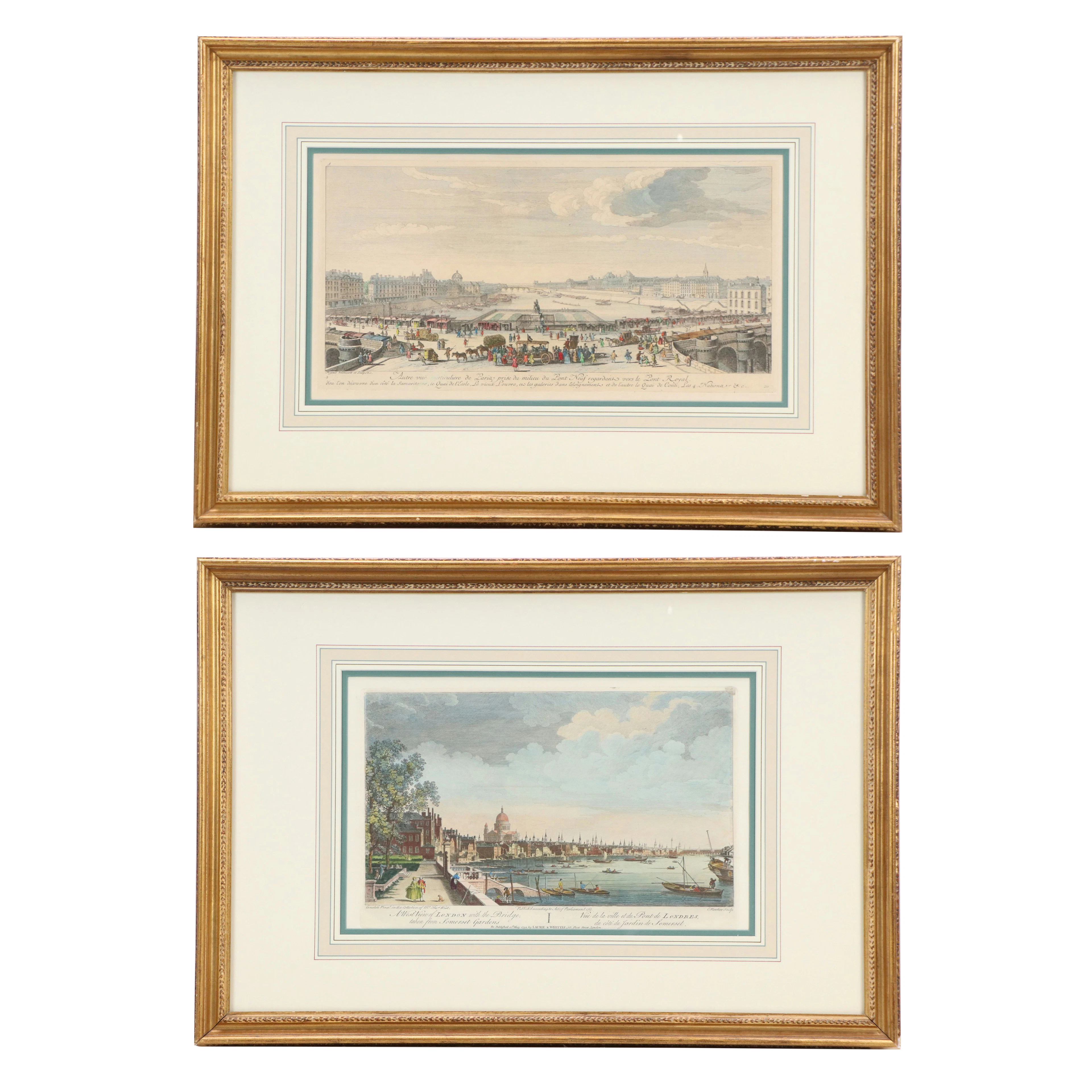Canaletto and Rigaud Hand-colored Antique Engravings, 19th Century