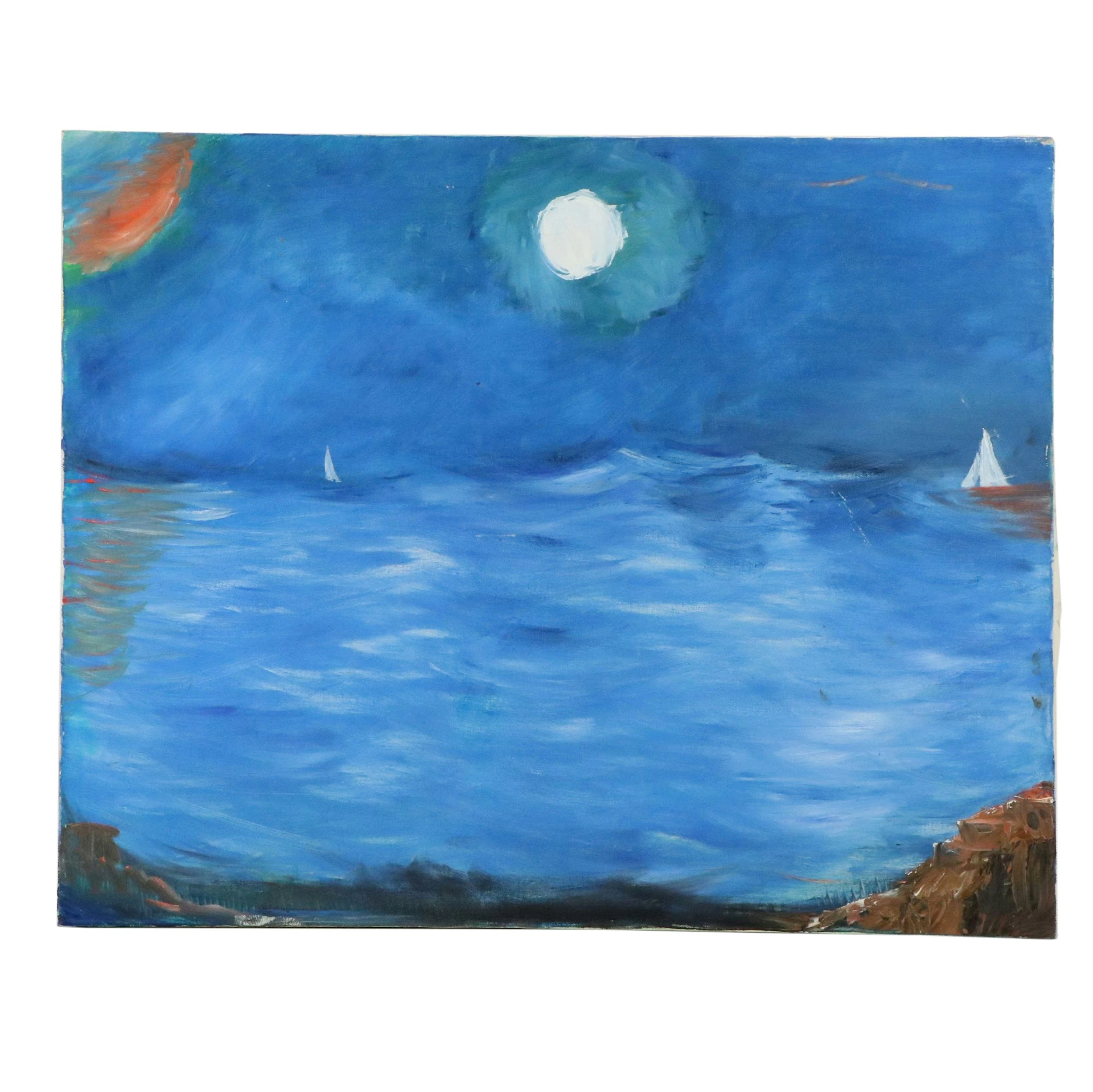 Edith Susarret Marrero Oil Painting of Seascape Under Full Moon