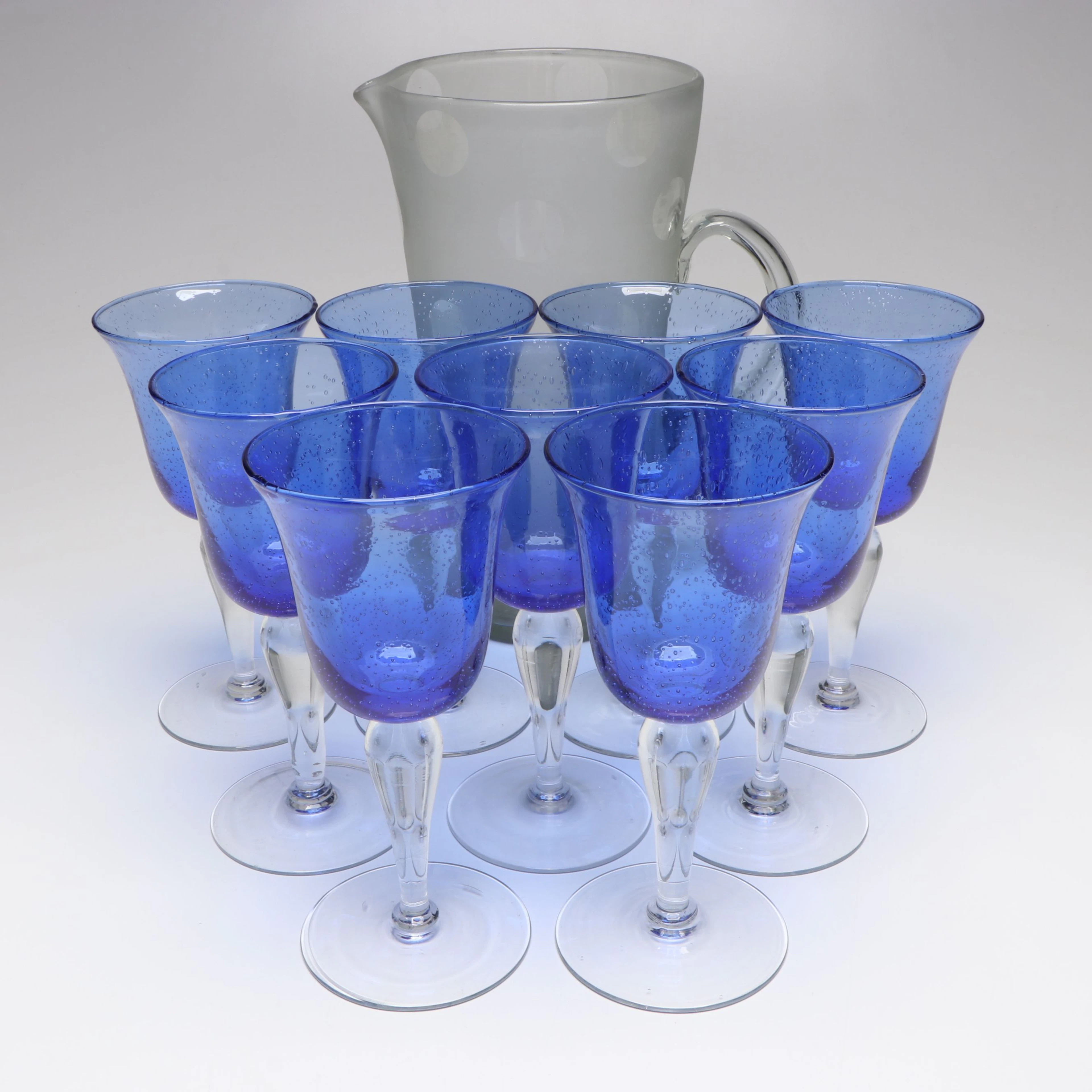 Artland "Iris" Cobalt and Clear Wine Glasses with Polka Dot Pitcher
