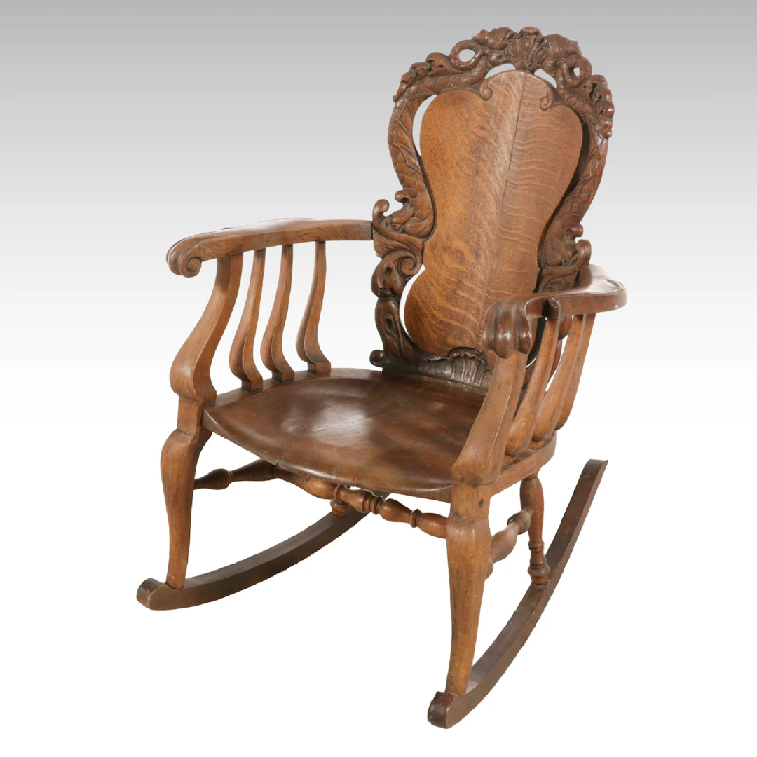 Late Victorian Carved Tiger Oak Rocking Chair, Late 19th to Early 20th Century