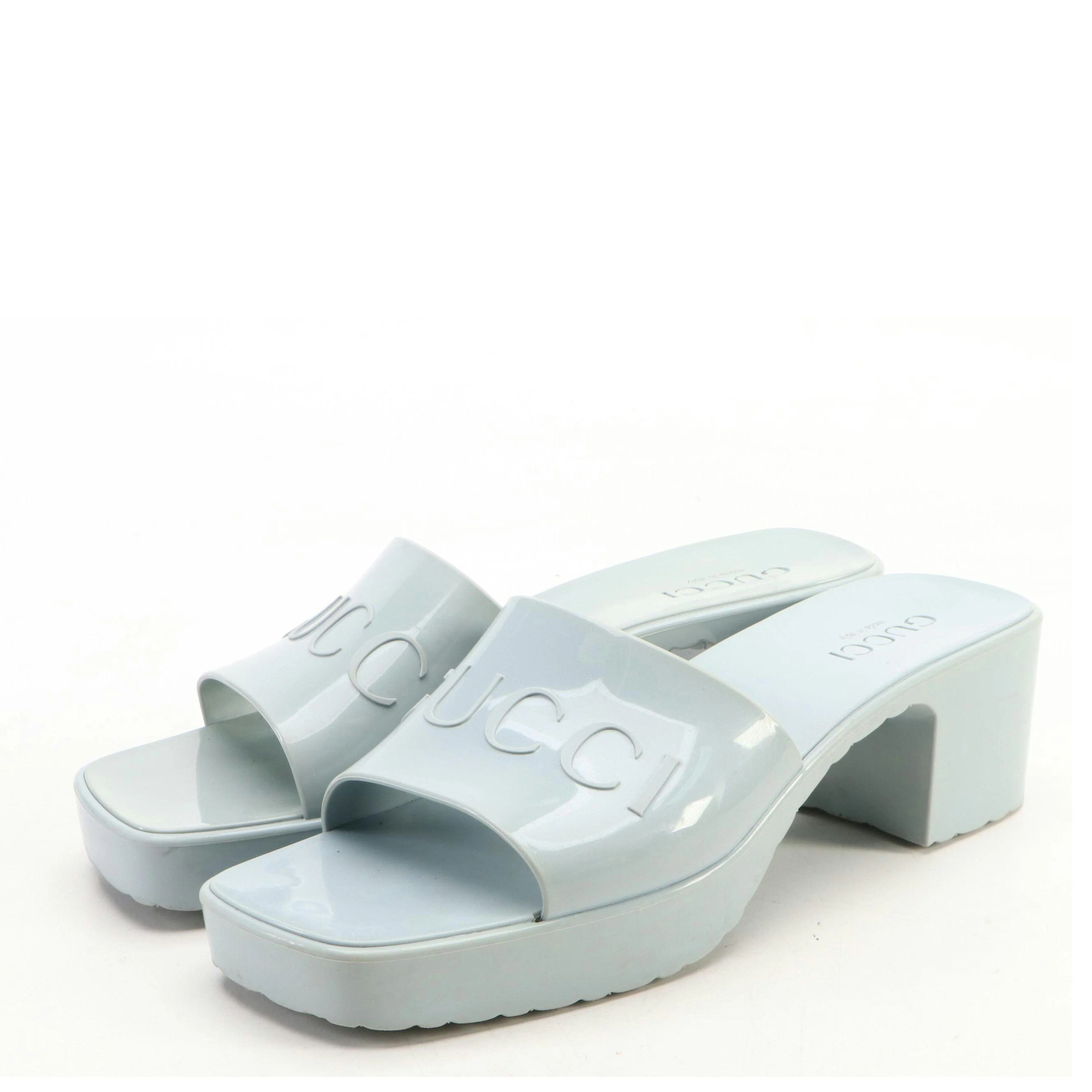 Gucci Logo Platform Slide Sandals in Porcelain Blue Rubber with Box