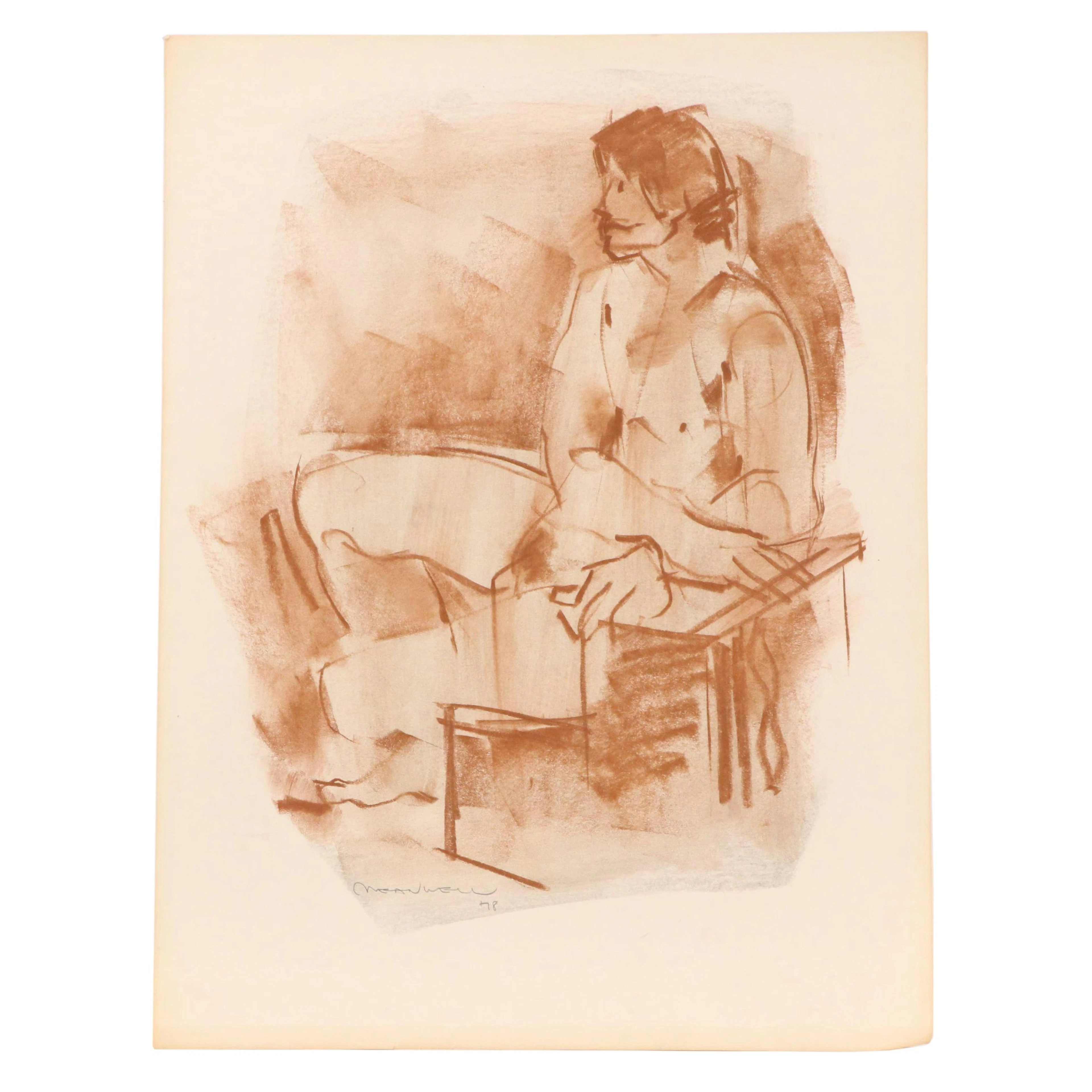 Jack Meanwell Chalk Pastel Drawing: Seated Figure, Late 20th Century