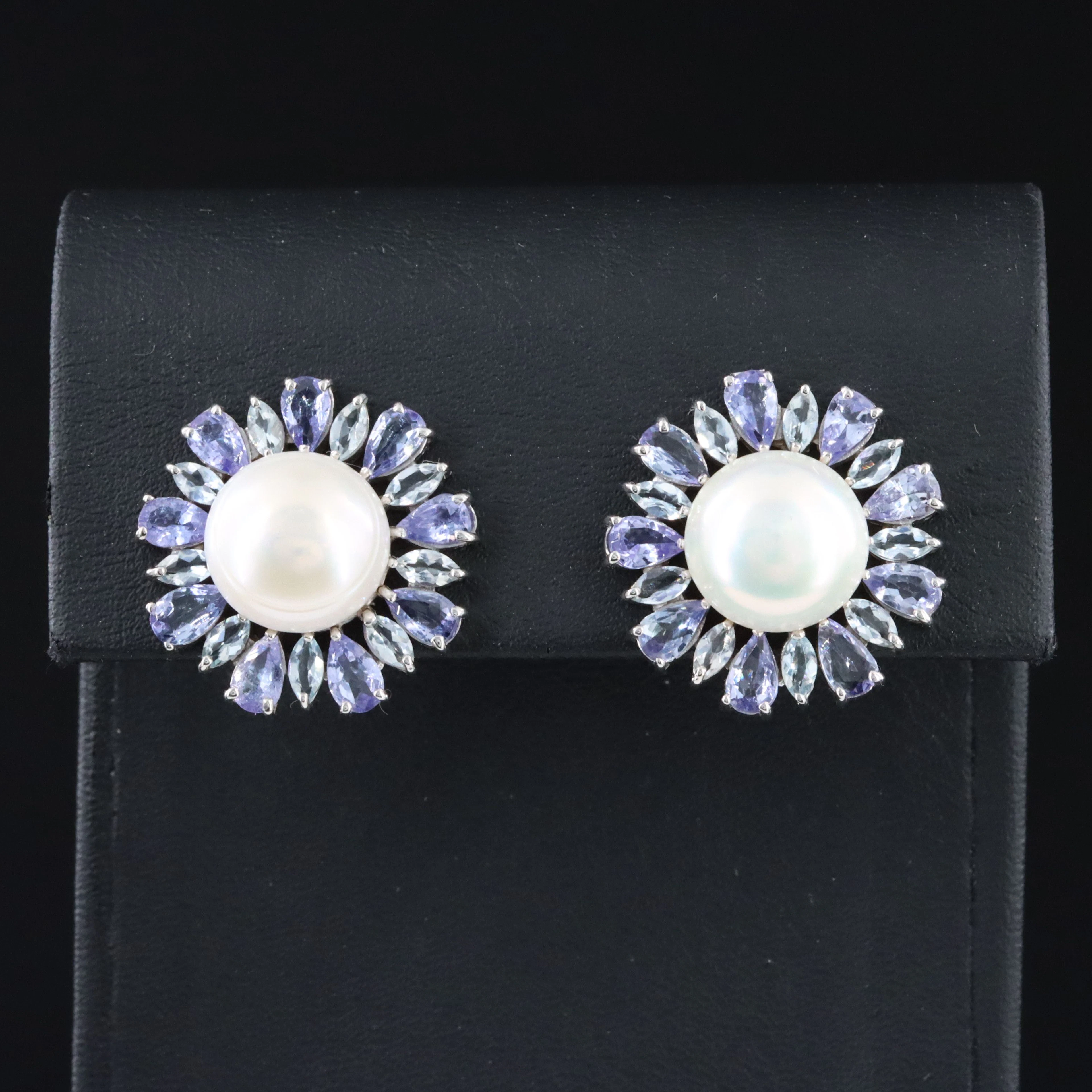 Sterling Pearl, Aquamarine and Tanzanite Earrings