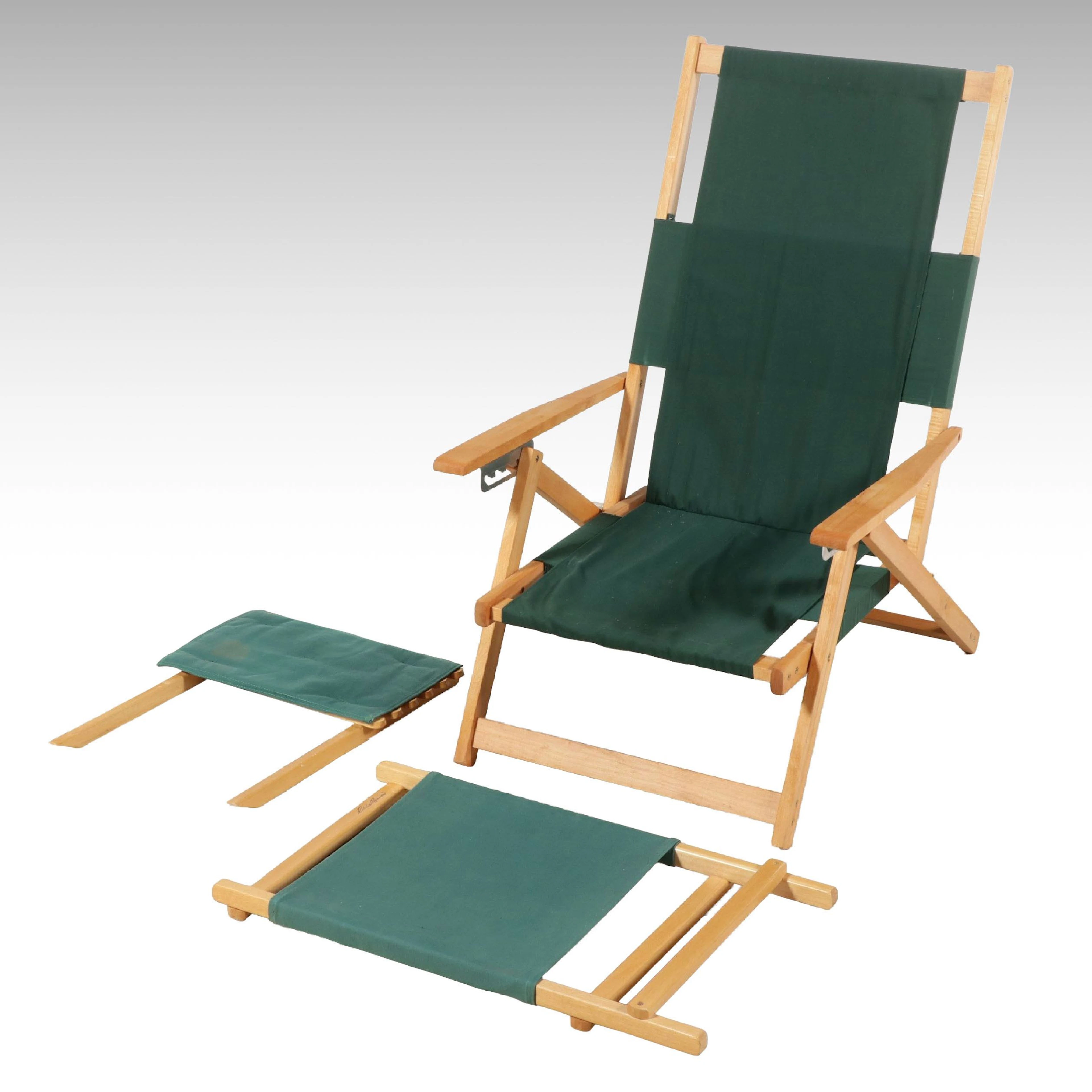 Eddie Bauer Wood and Hunter Green Canvas Steamer Deck Chair and Footrest Set