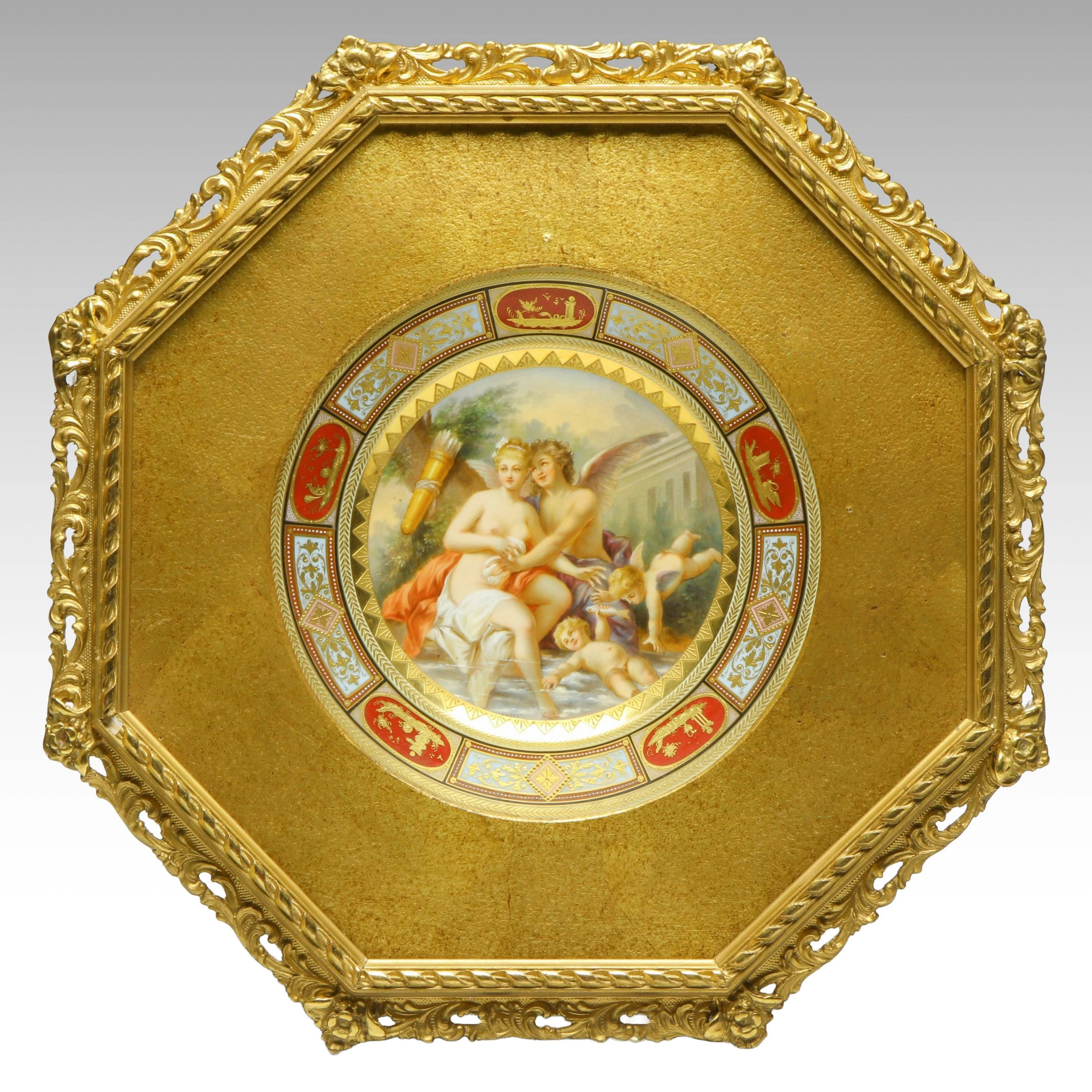 Royal Vienna Hand-Painted "Psyiche u Amor" Porcelain Plate in Giltwood Frame