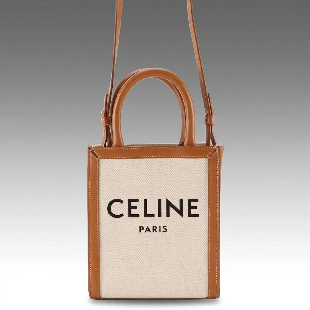 Celine Mini Cabas Vertical Two-Way Tote Bag in White Canvas and Tan Leather