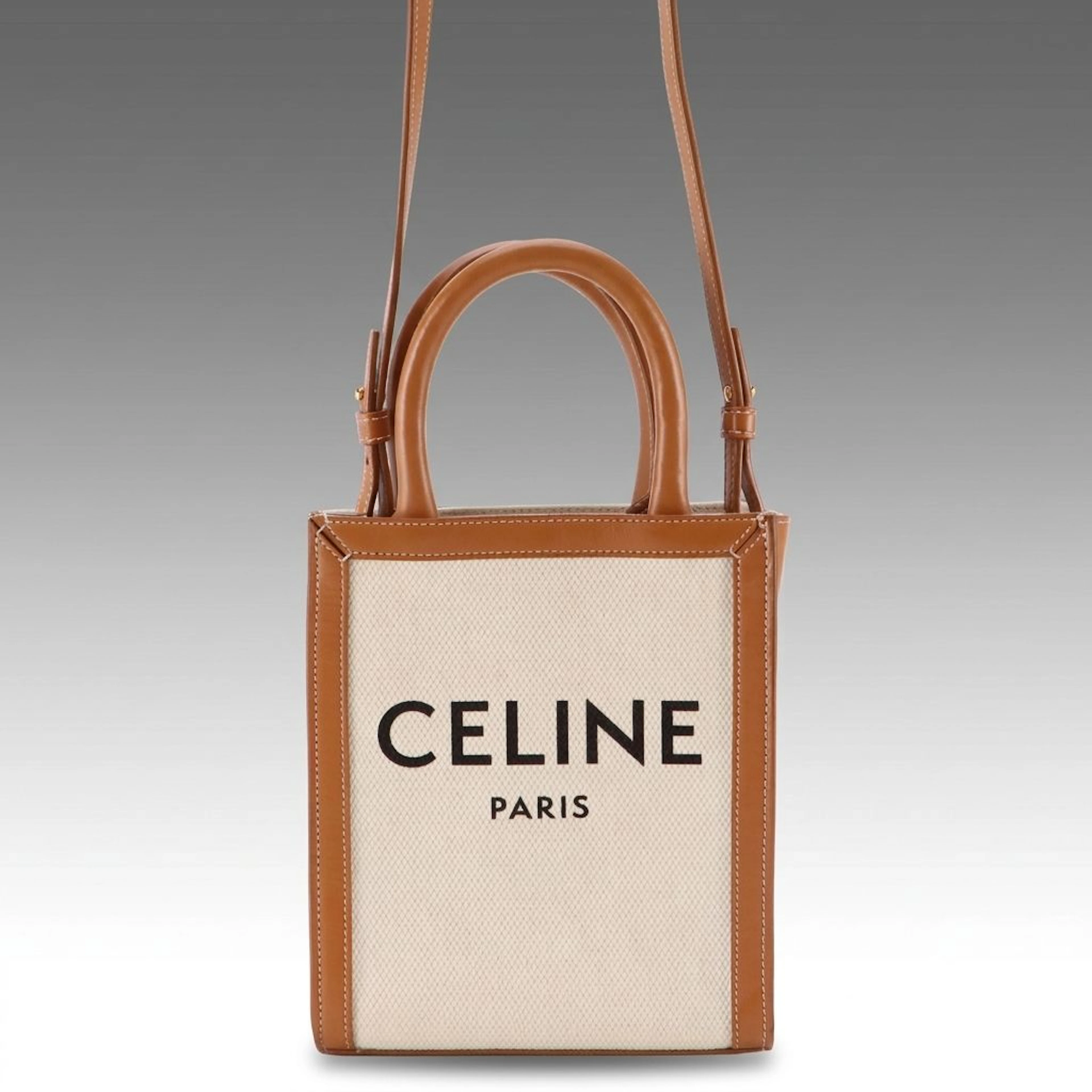 Celine Mini Cabas Vertical Two-Way Tote Bag in White Canvas and Tan Leather