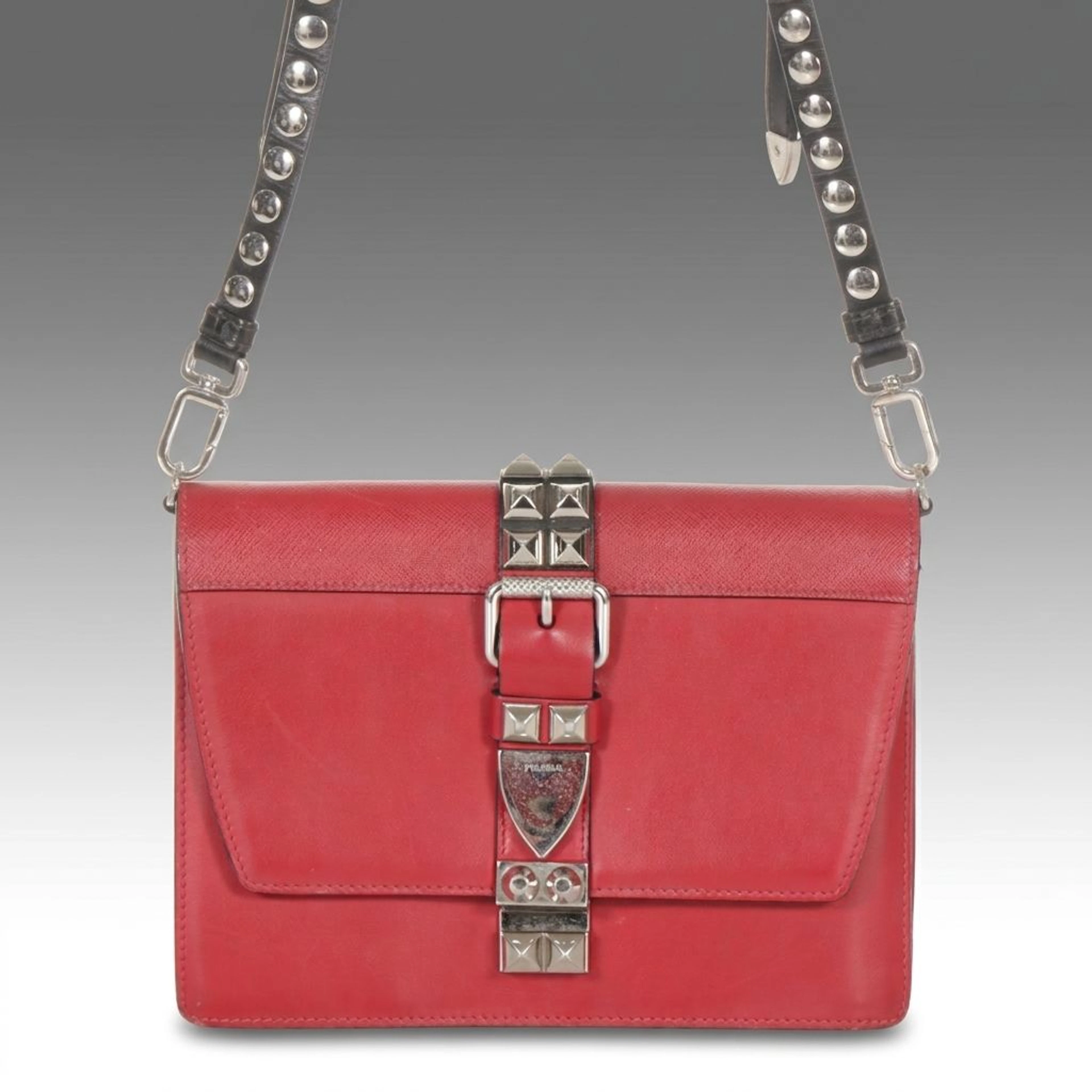 Prada Elektra Studded Crossbody Bag in Red Calf and Saffiano Leather