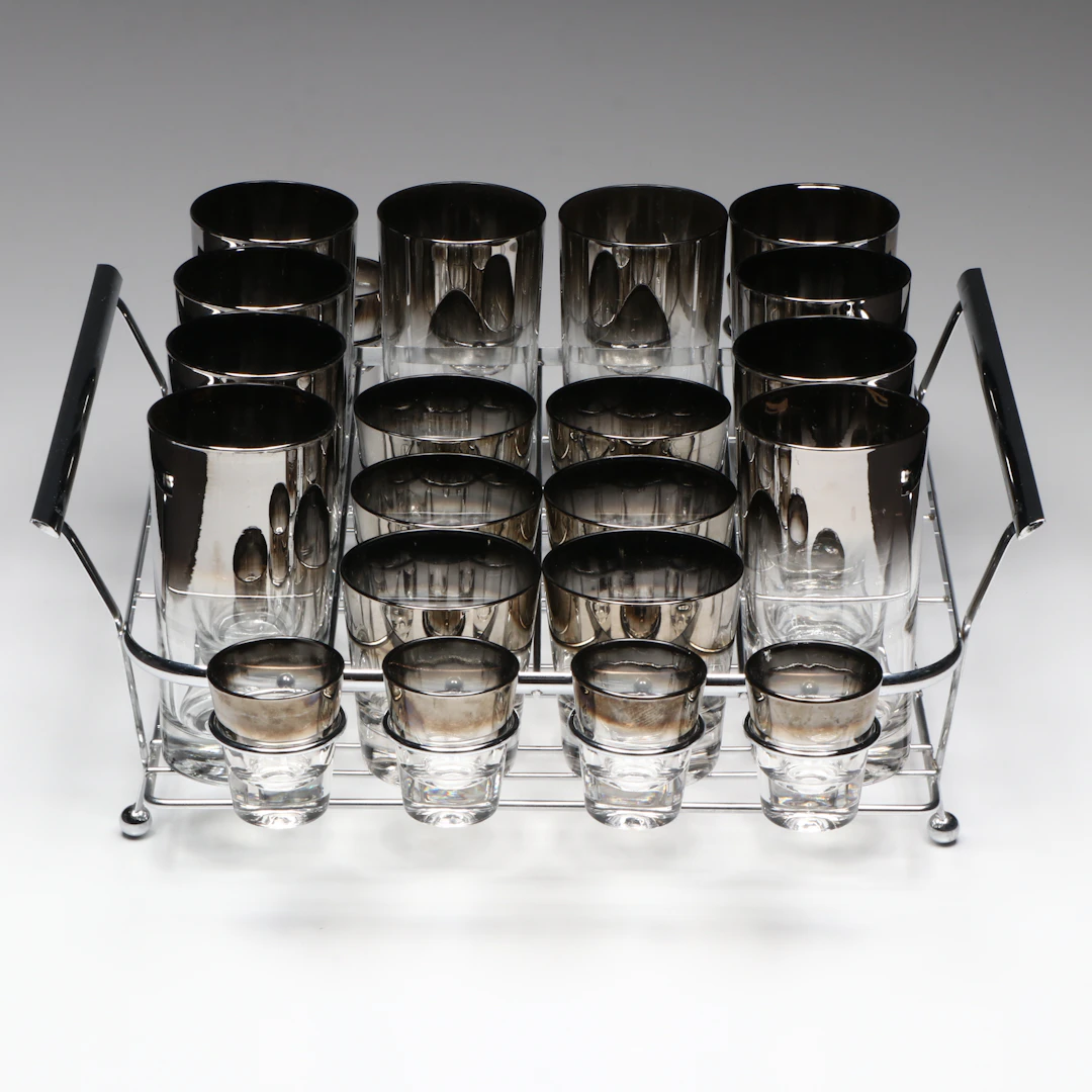 Mid Century Modern Silver Fade to Clear Glass Bar Set