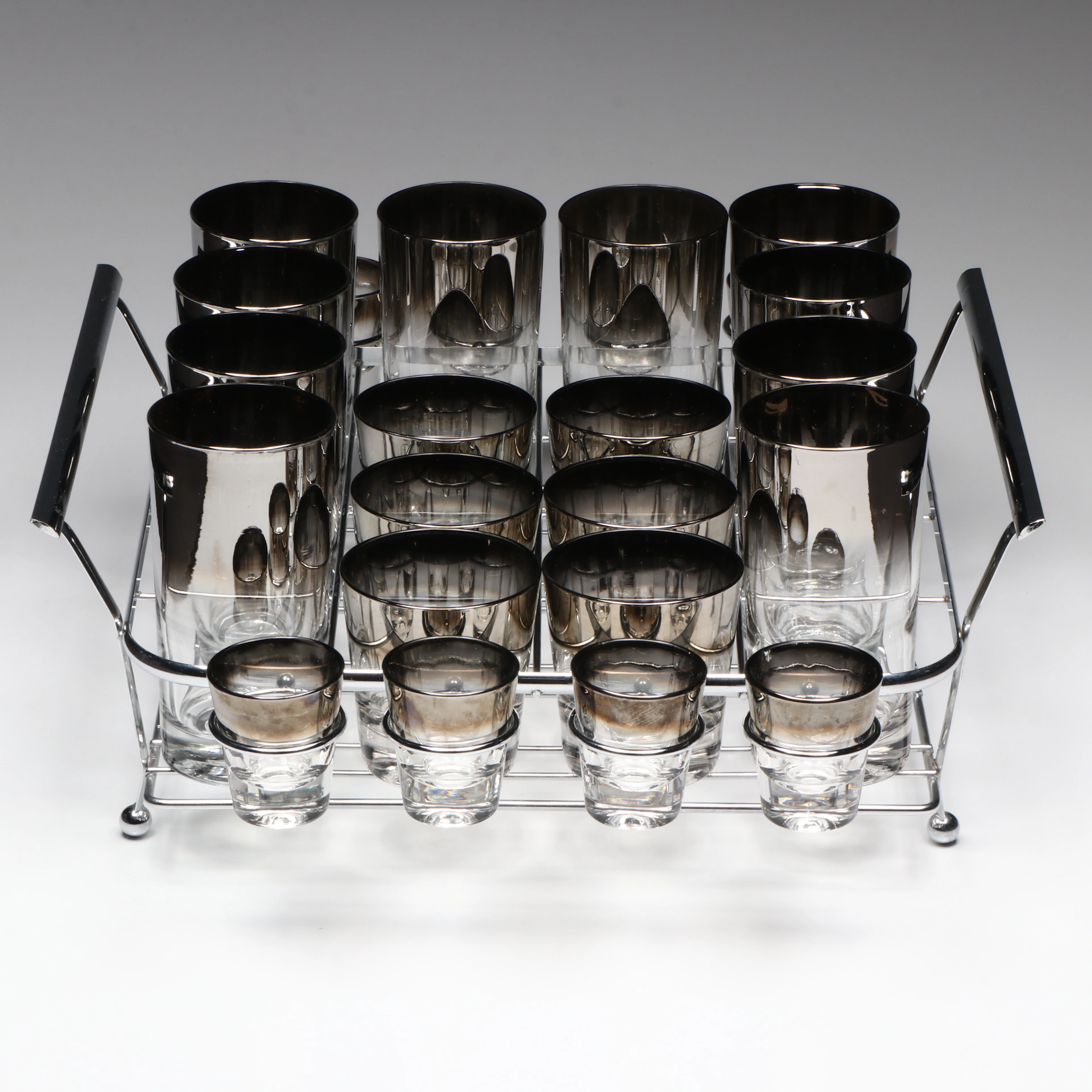 Mid Century Modern Silver Fade to Clear Glass Bar Set