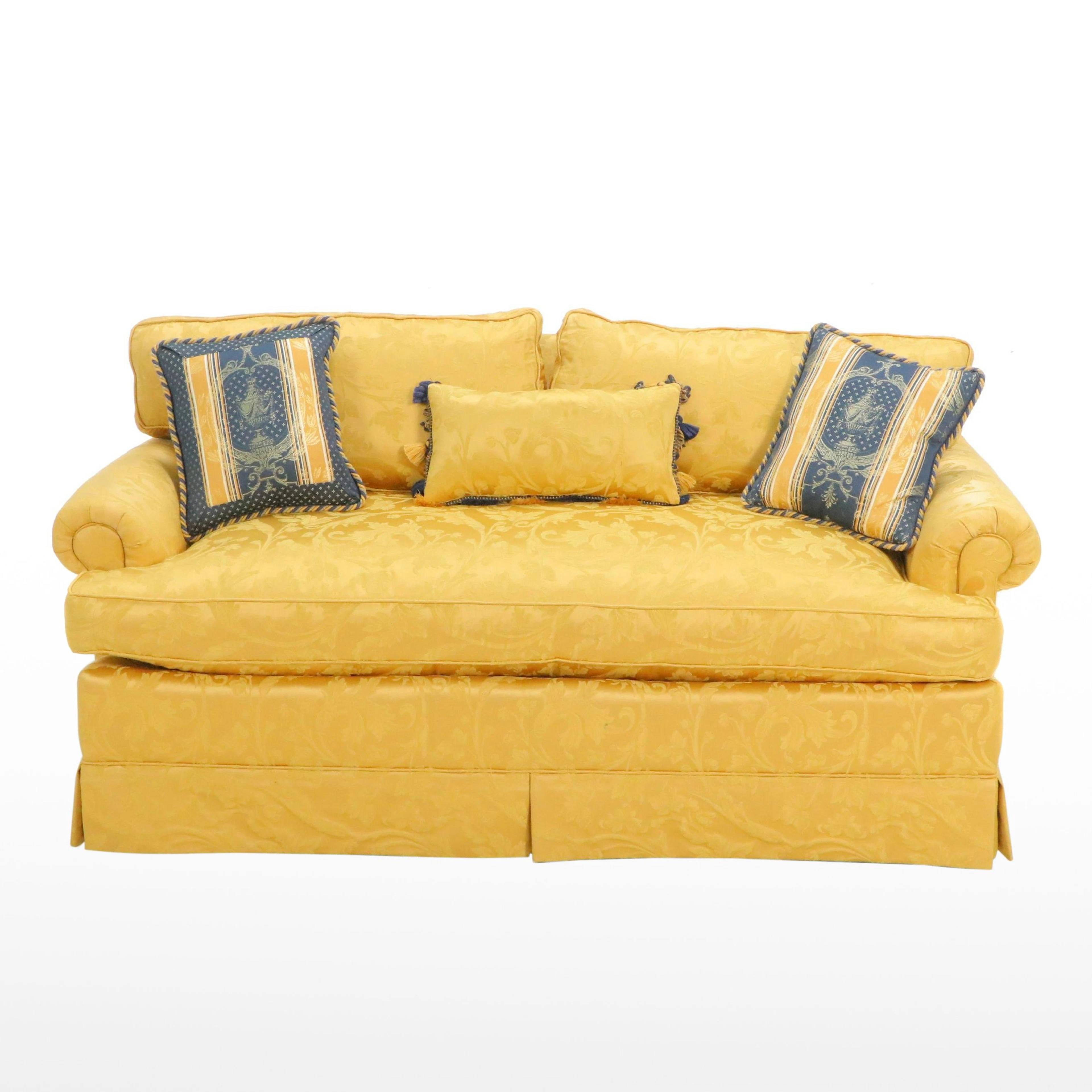 Yellow Damask Upholstered Scrolled Arm Sofa with Accent Pillows