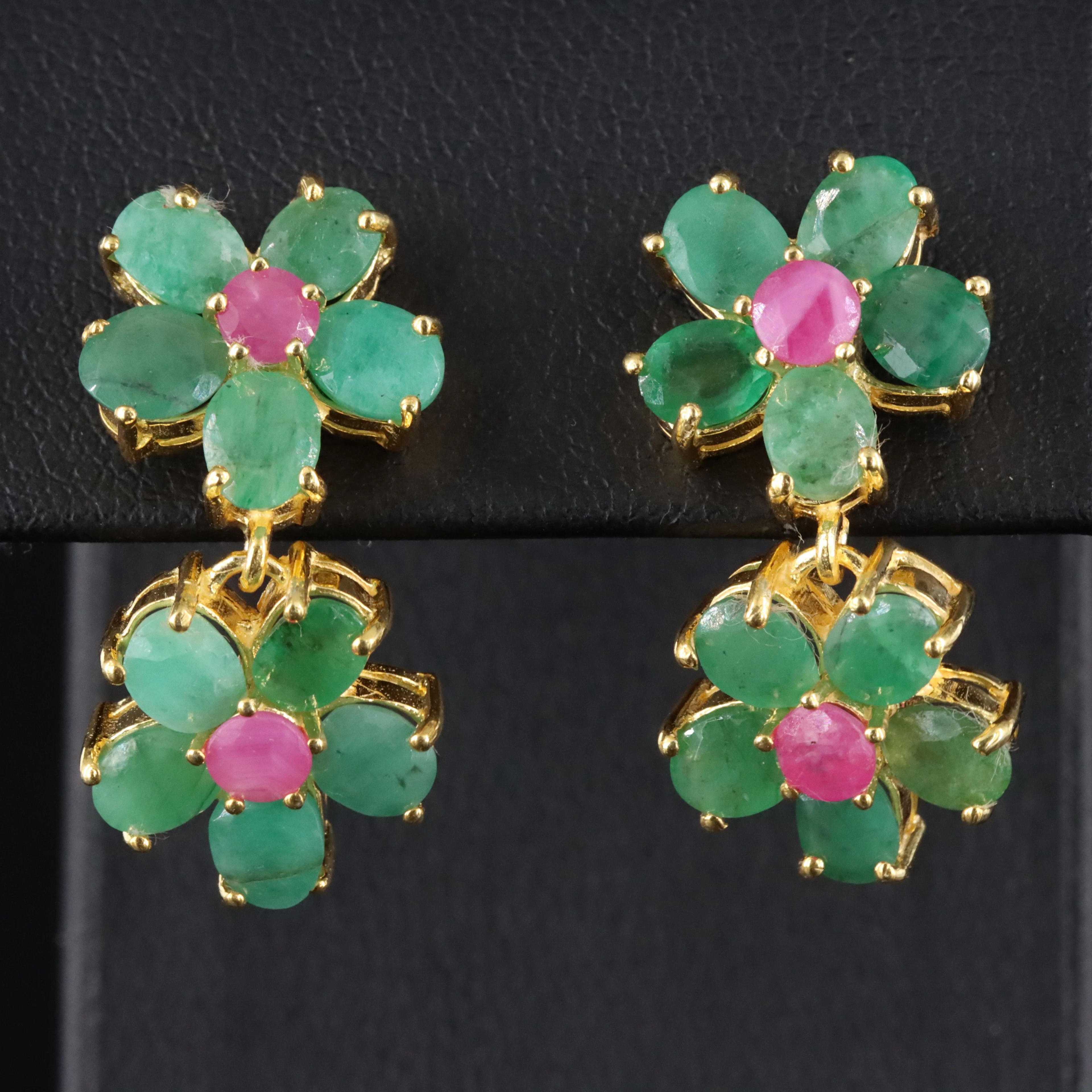 Sterling Emerald & Filled Corundum Flower Earrings