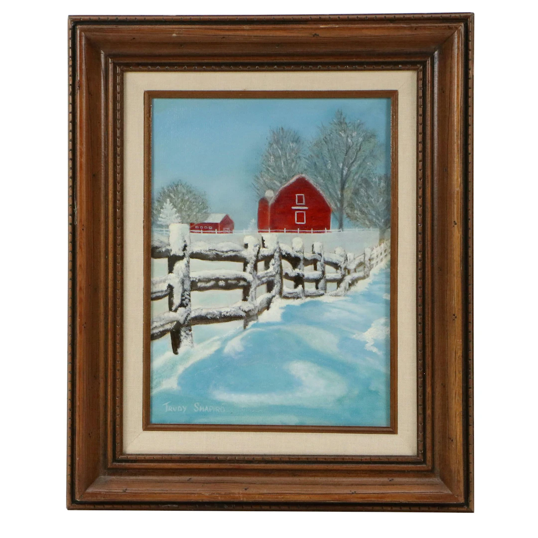 Trudy Shapiro Oil Painting of Winter Farm Landscape, Late 20th Century