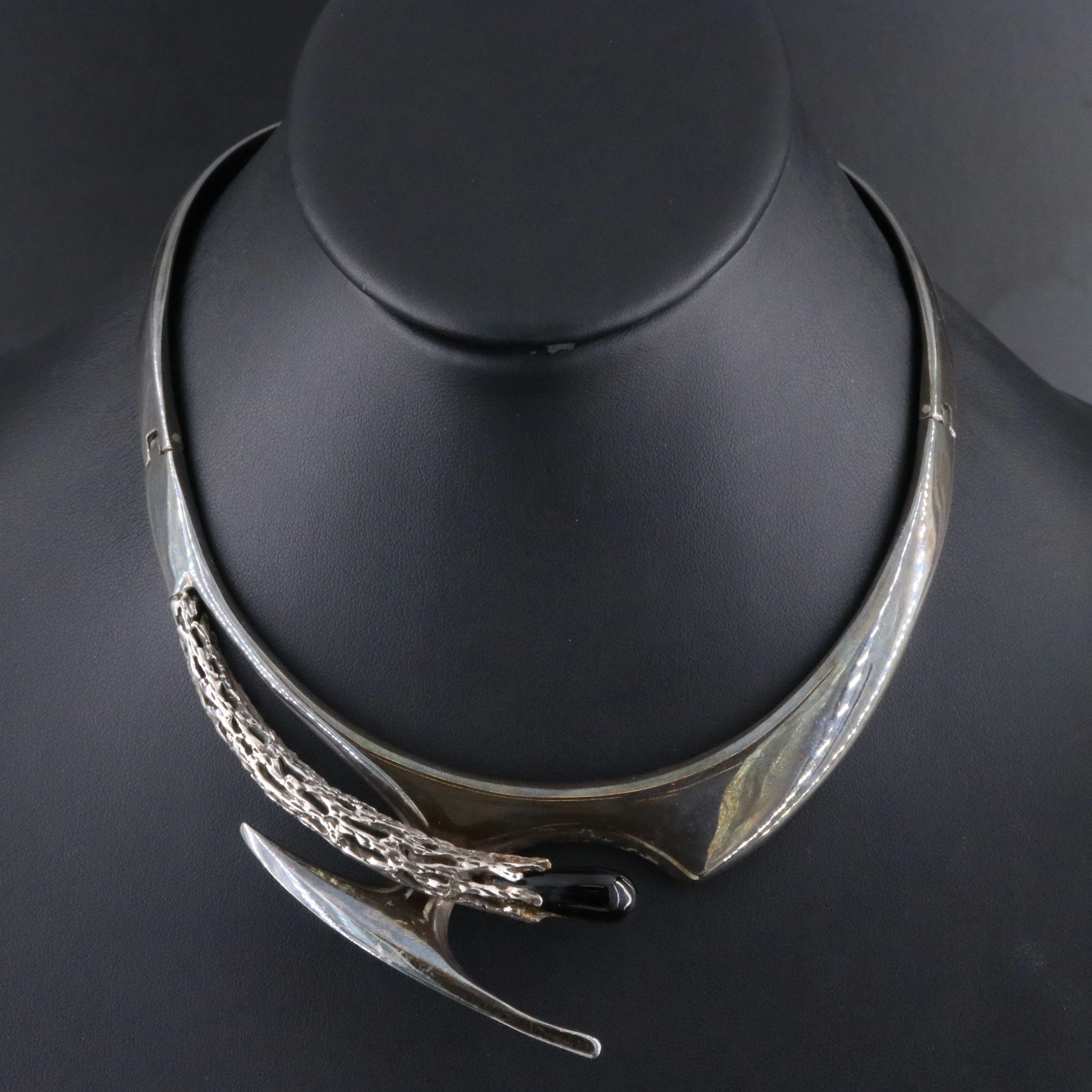 Mexican Modernist 950 Silver Obsidian Collar Necklace