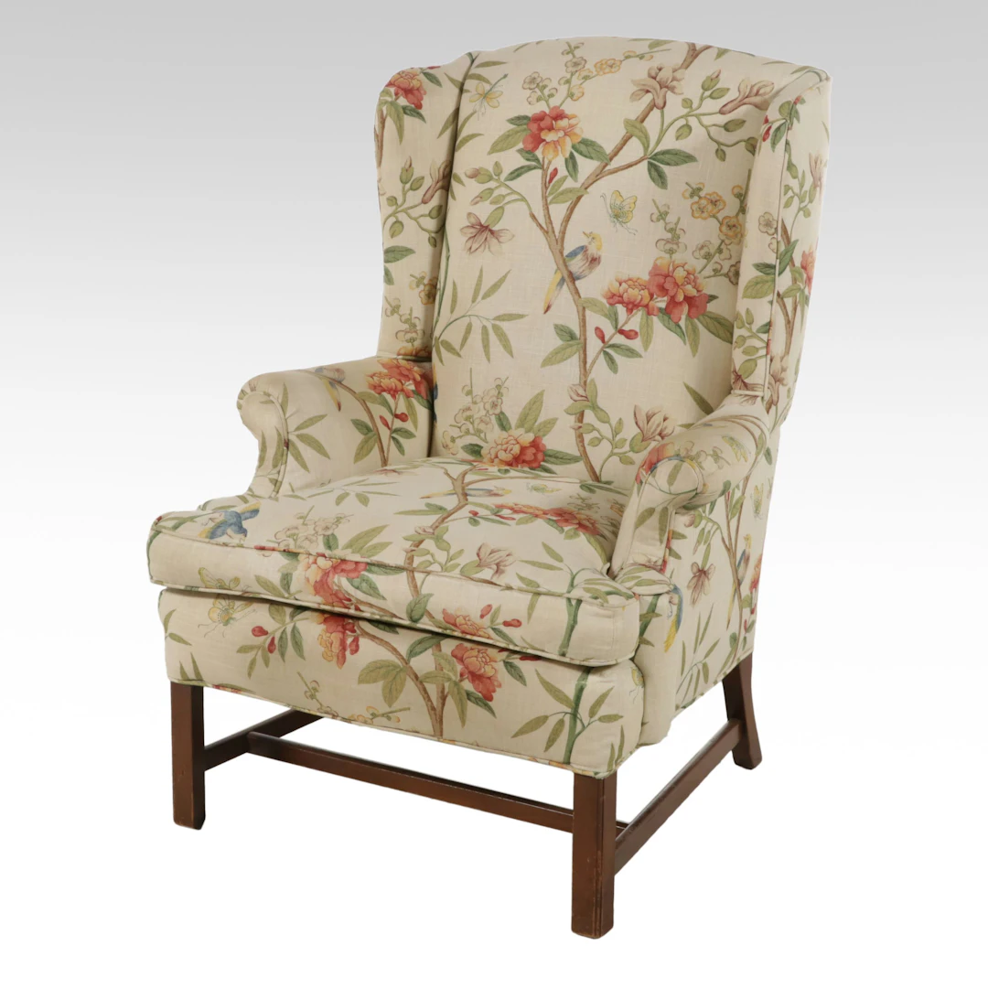 Chippendale Style Floral Upholstered Wingback Armchair