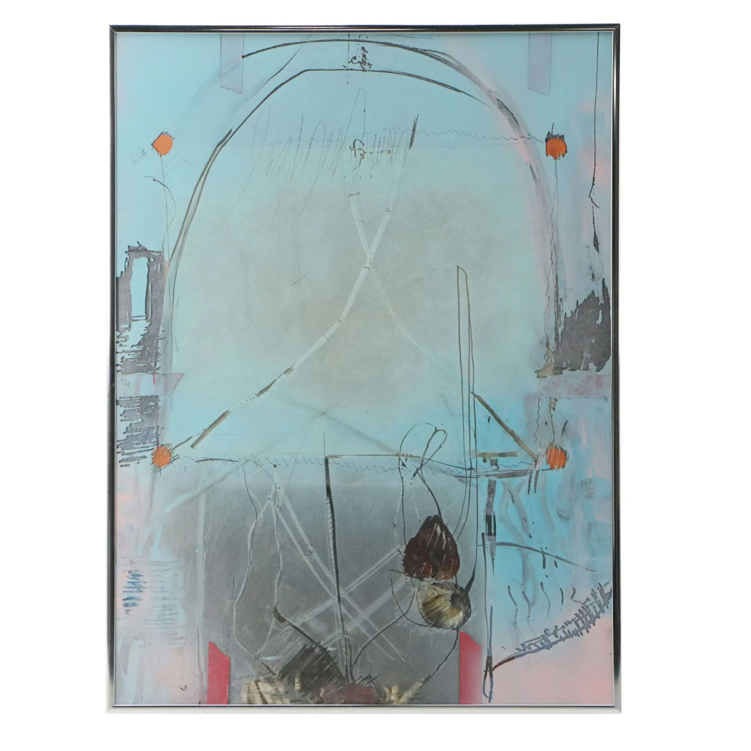 Layered Sgraffito Mixed Media Painting on Glass, Late 20th Century