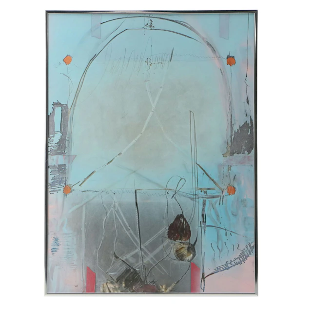 Layered Sgraffito Mixed Media Painting on Glass, Late 20th Century