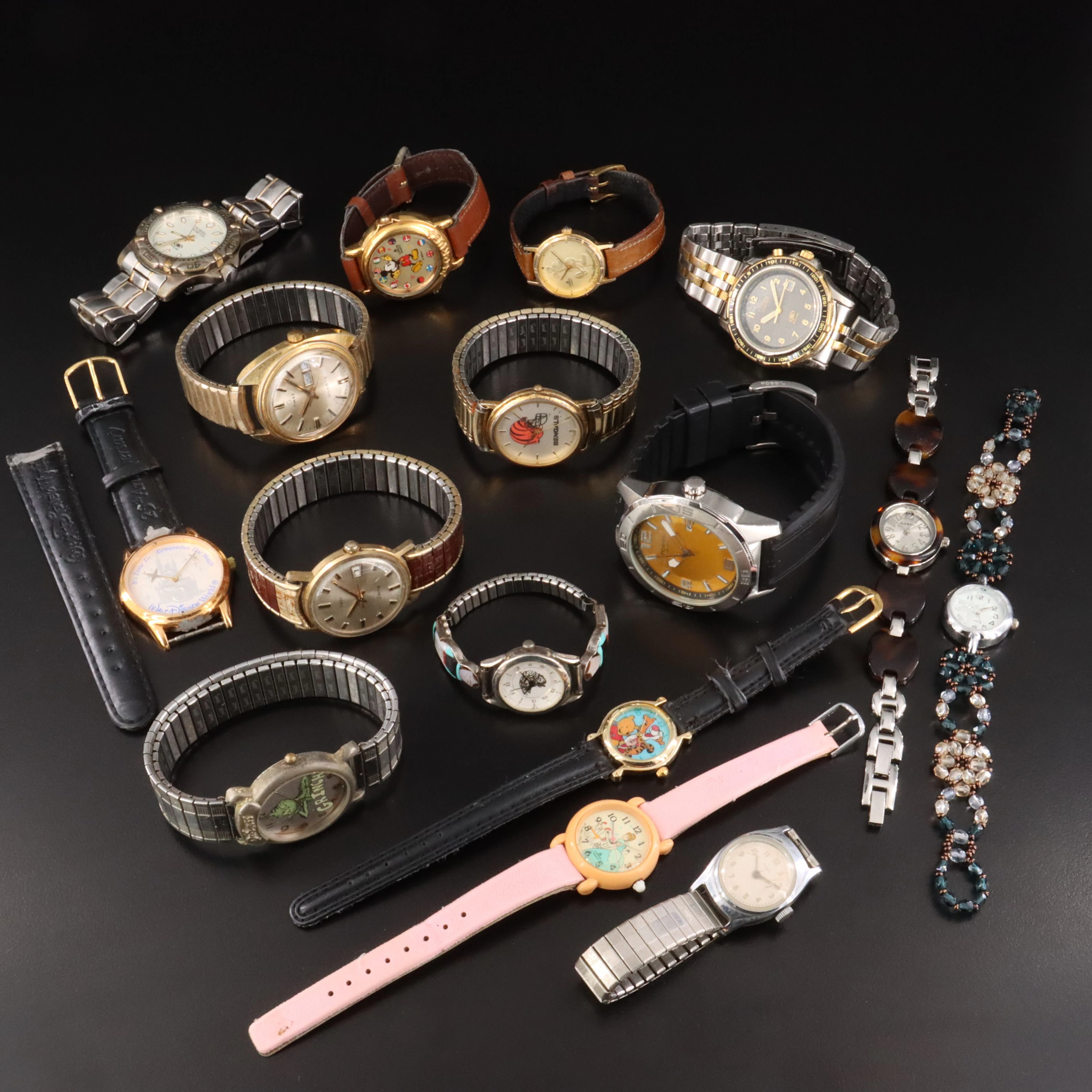 Collection of Novelety and Fashion Watches Featuring Fossil, Disney and Bengals