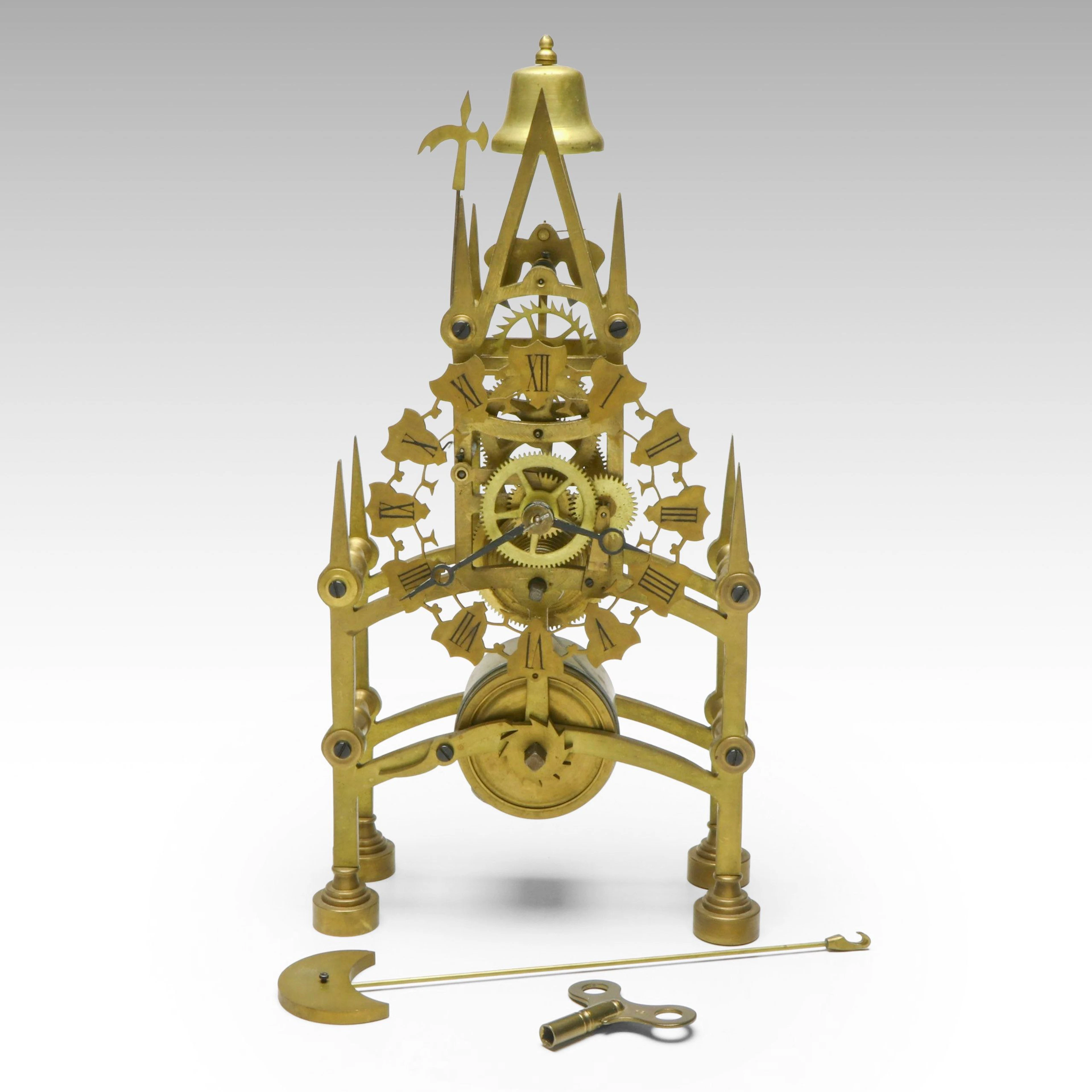 Cathedral Style Brass Skeleton Clock, Late 20th C.
