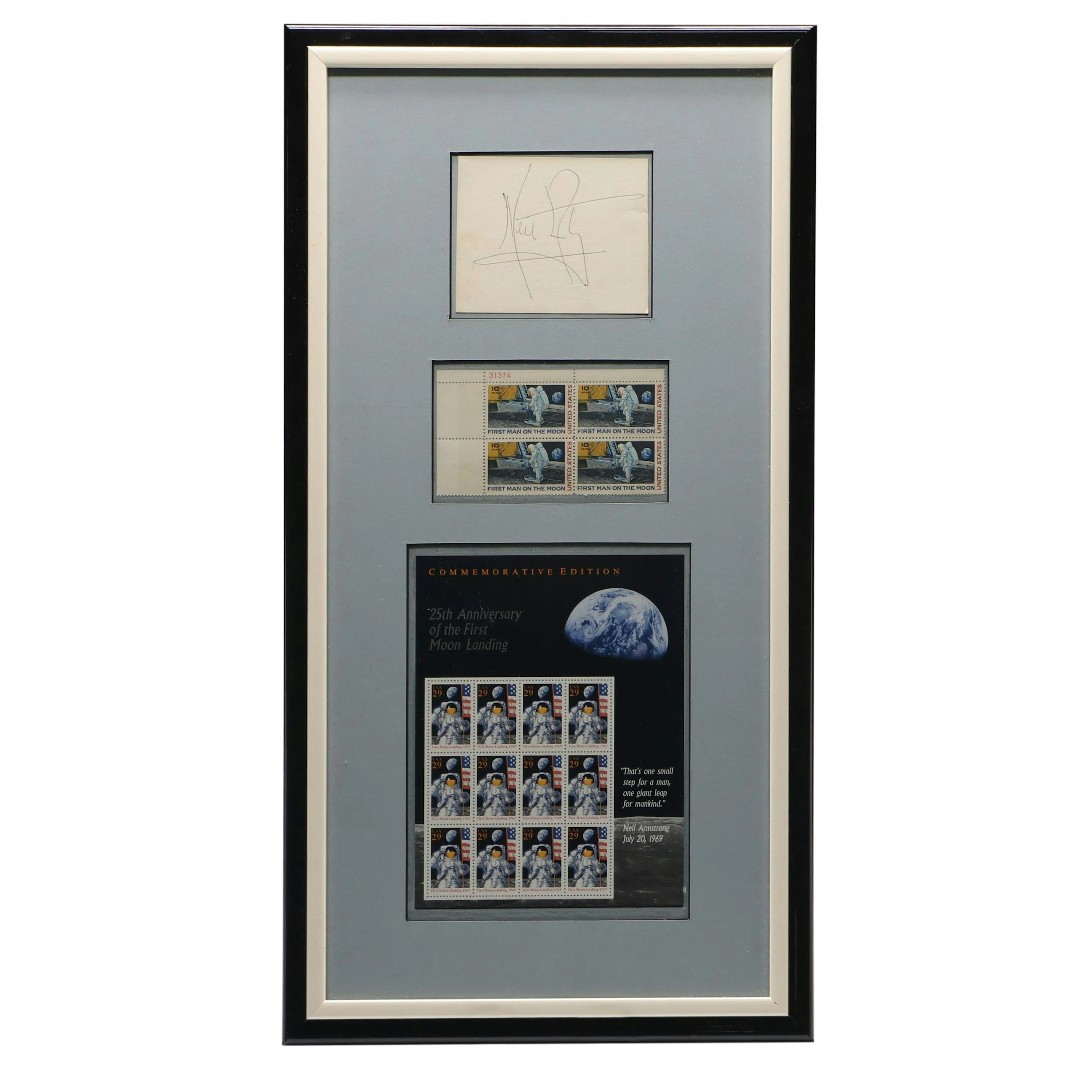 Neil Armstrong Signed Cut Card with Commemorative Stamps