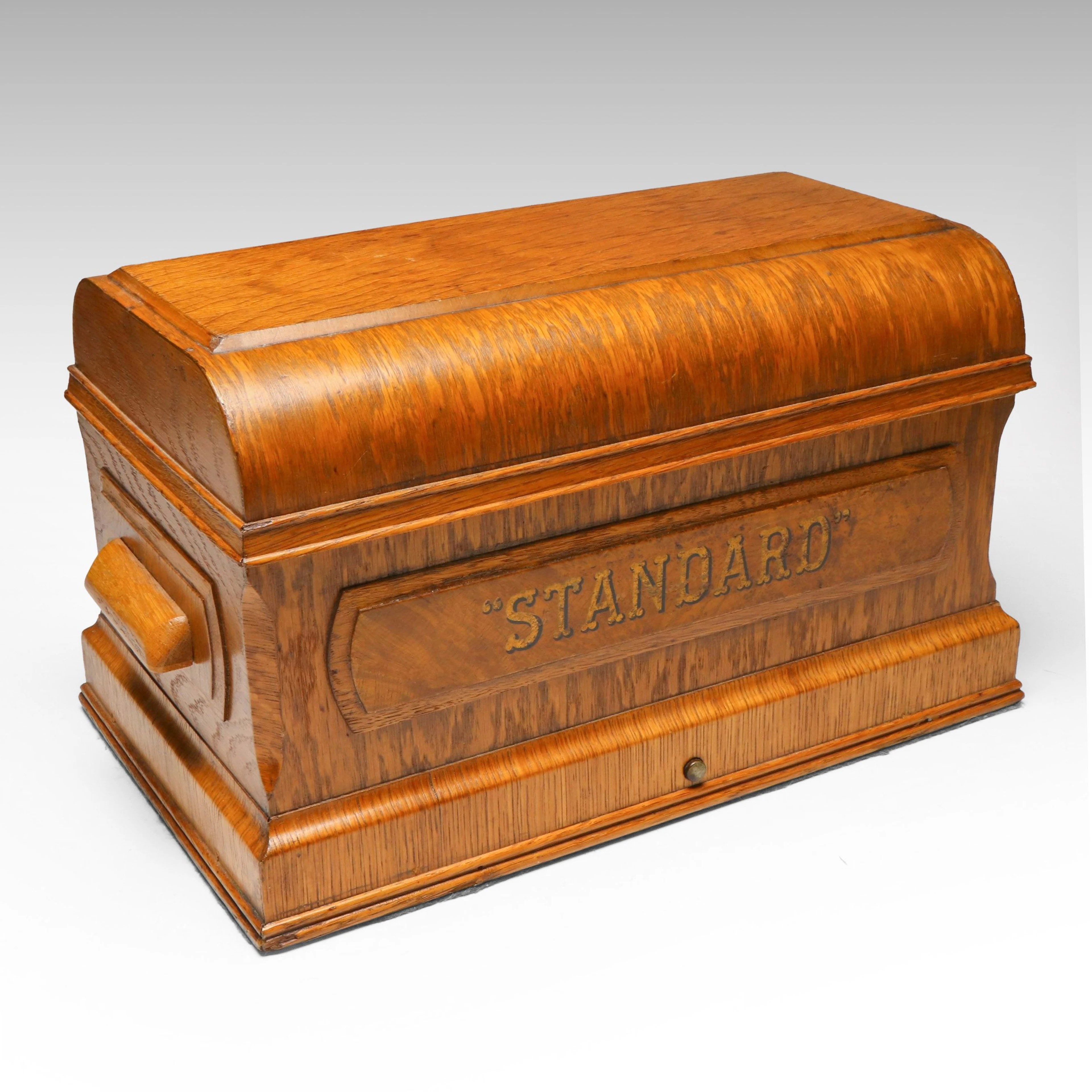 Standard Sewing Machine Co. Tiger Oak Wood Coffin Top Box, Early 20th C.