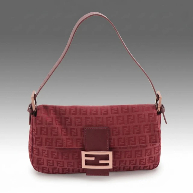 Fendi Baguette Shoulder Bag in Red Zucchino Canvas and Maroon Leather