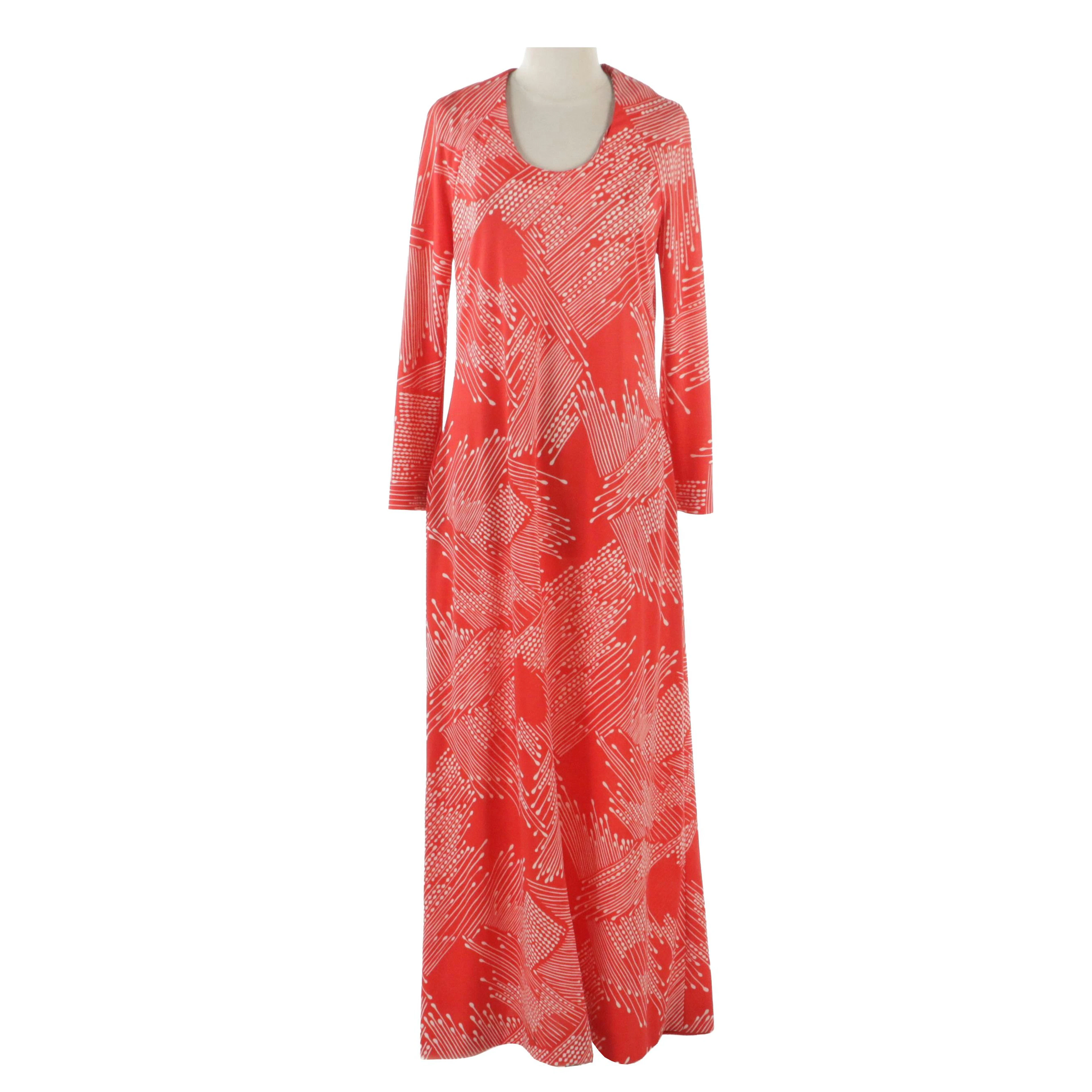 Halston Vintage Red and White Abstract Printed Long Sleeve Maxi Dress