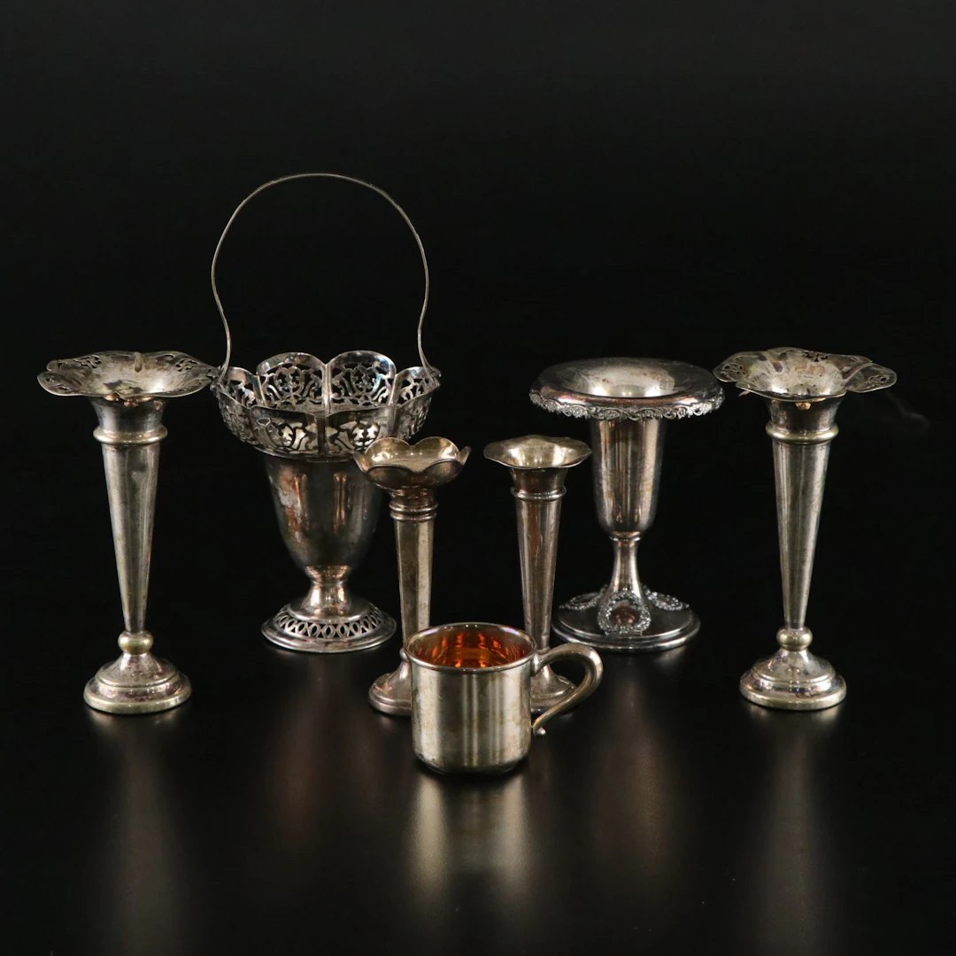 English Sterling Silver Candle Holders with Other Silver Plate Decor