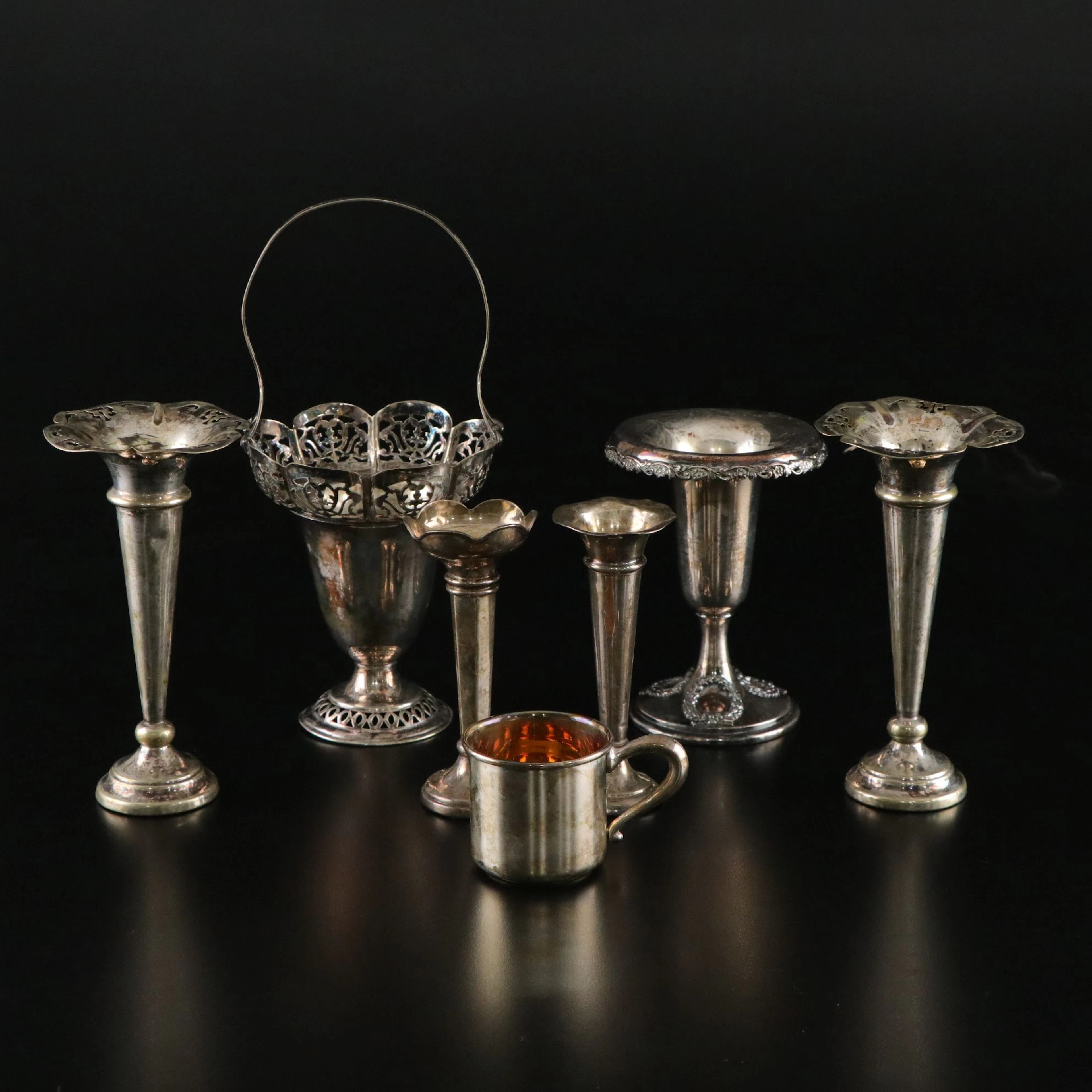 English Sterling Silver Candle Holders with Other Silver Plate Decor