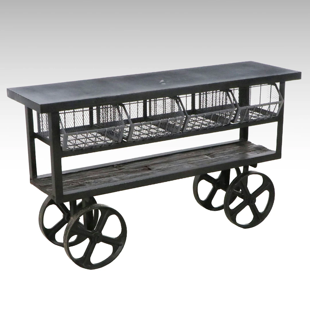 Industrial Style Wood and Metal Wheeled Console Table