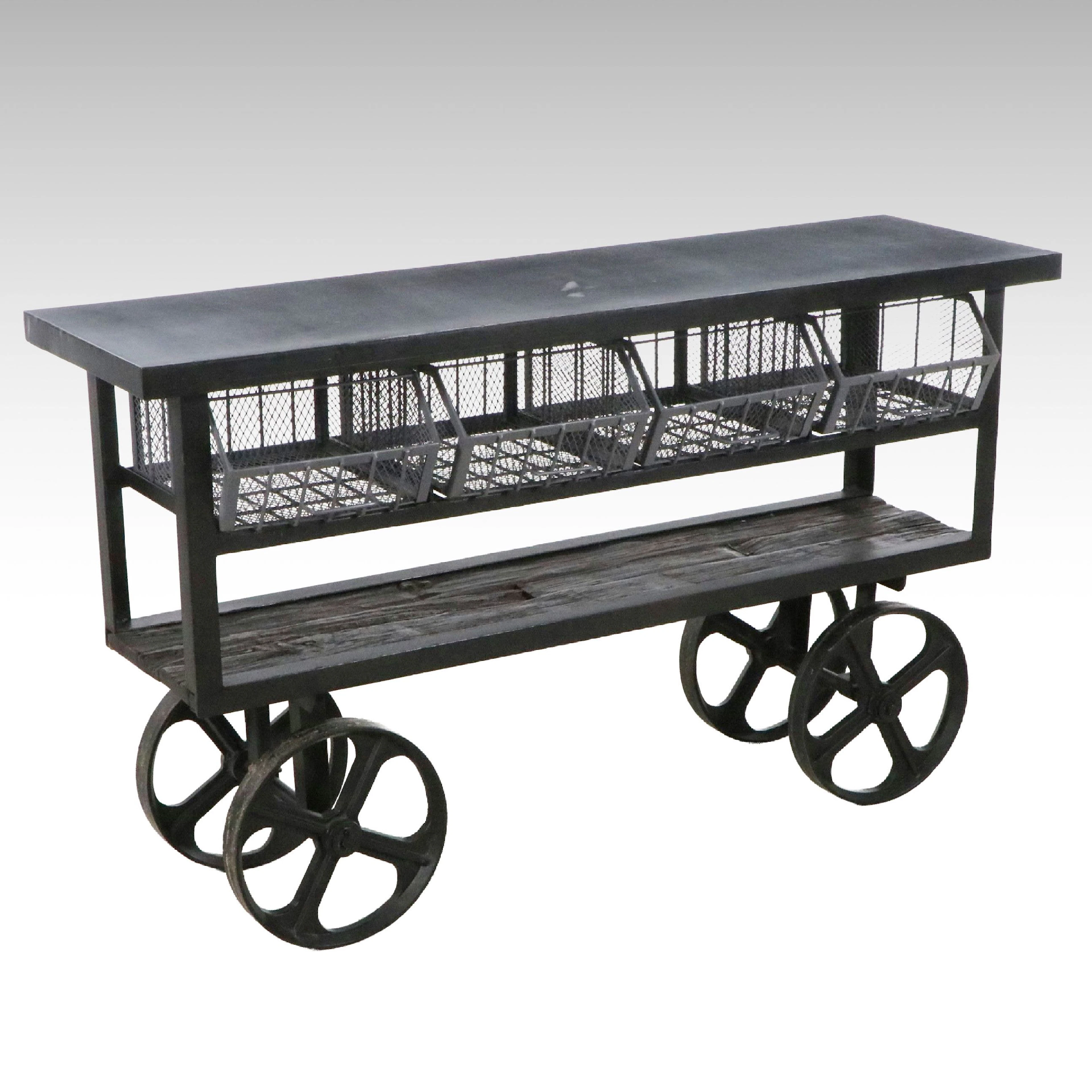 Industrial Style Wood and Metal Wheeled Console Table