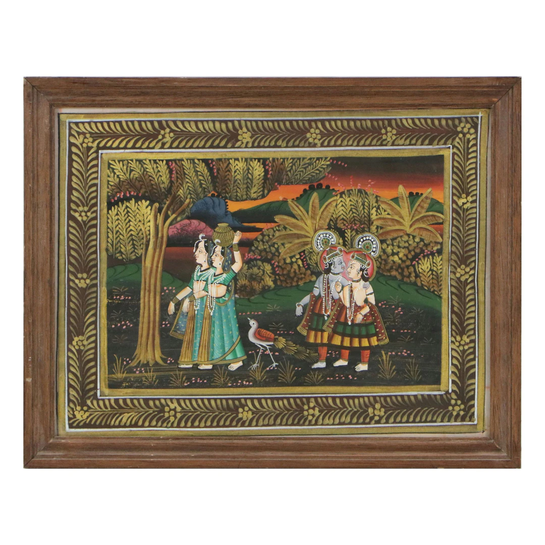 Indian Folk Art Gouache Painting of Krishna and Others