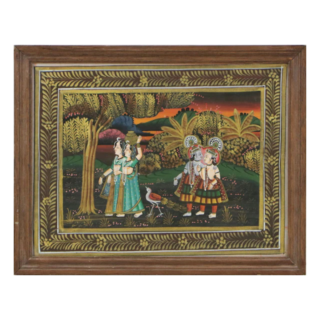 Indian Folk Art Gouache Painting of Krishna and Others