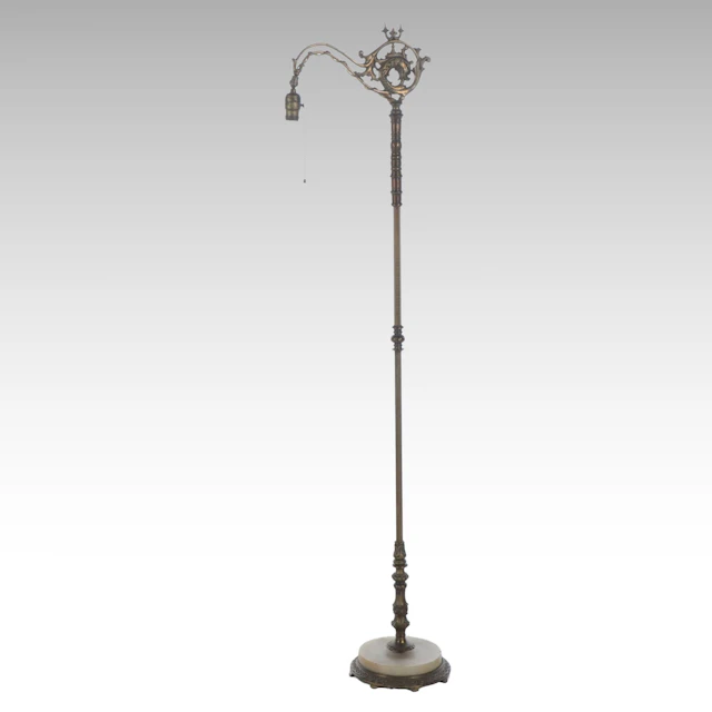 Victorian Style Brass Dolphin and Calcite Bridge Arm Floor Lamp, Mid-20th C.