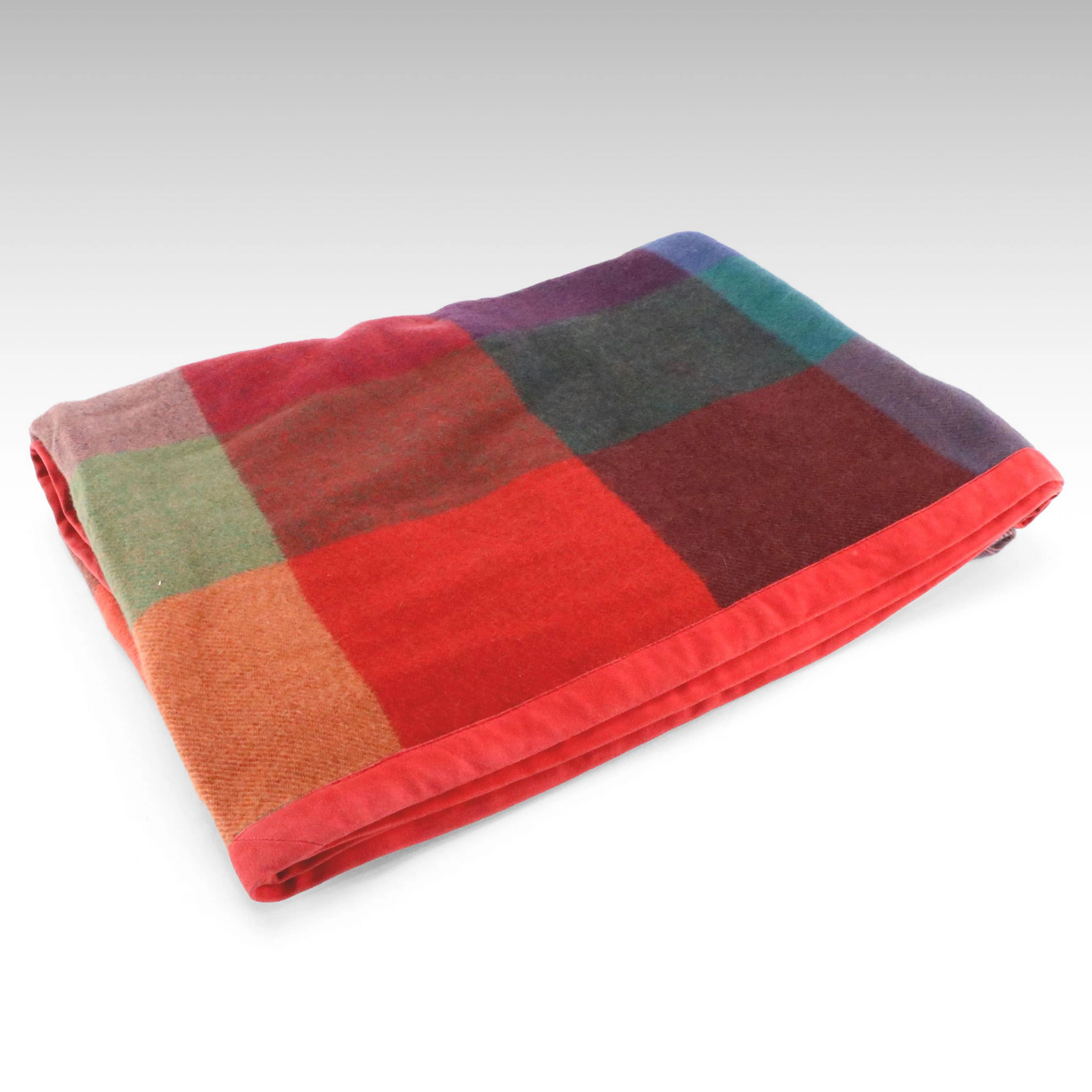 Hermès Colorful Plaid Cashmere Blanket with Red Suede Trim