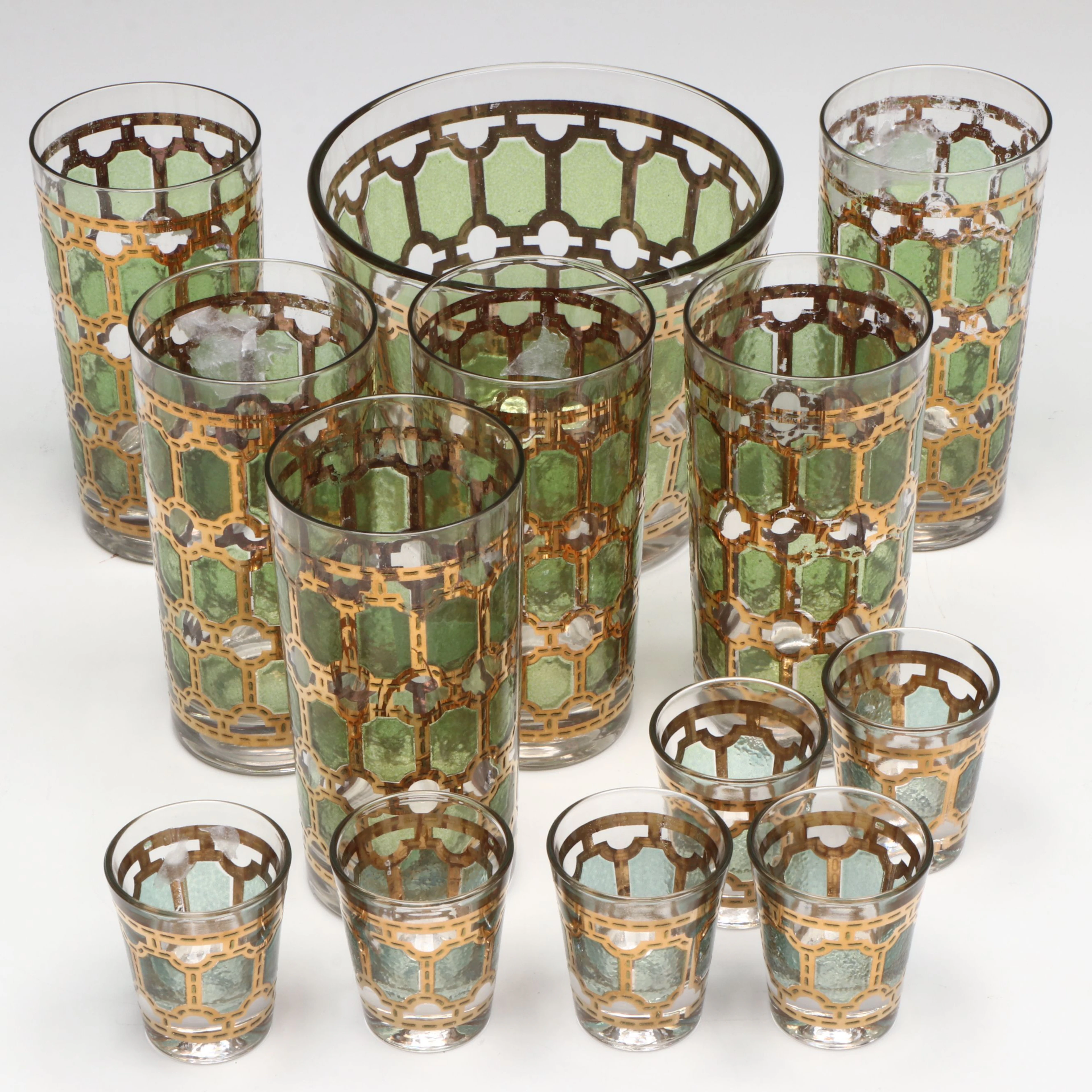 Vintage Hollywood Regency Shot Glasses and More with Gilded Geometric Motif