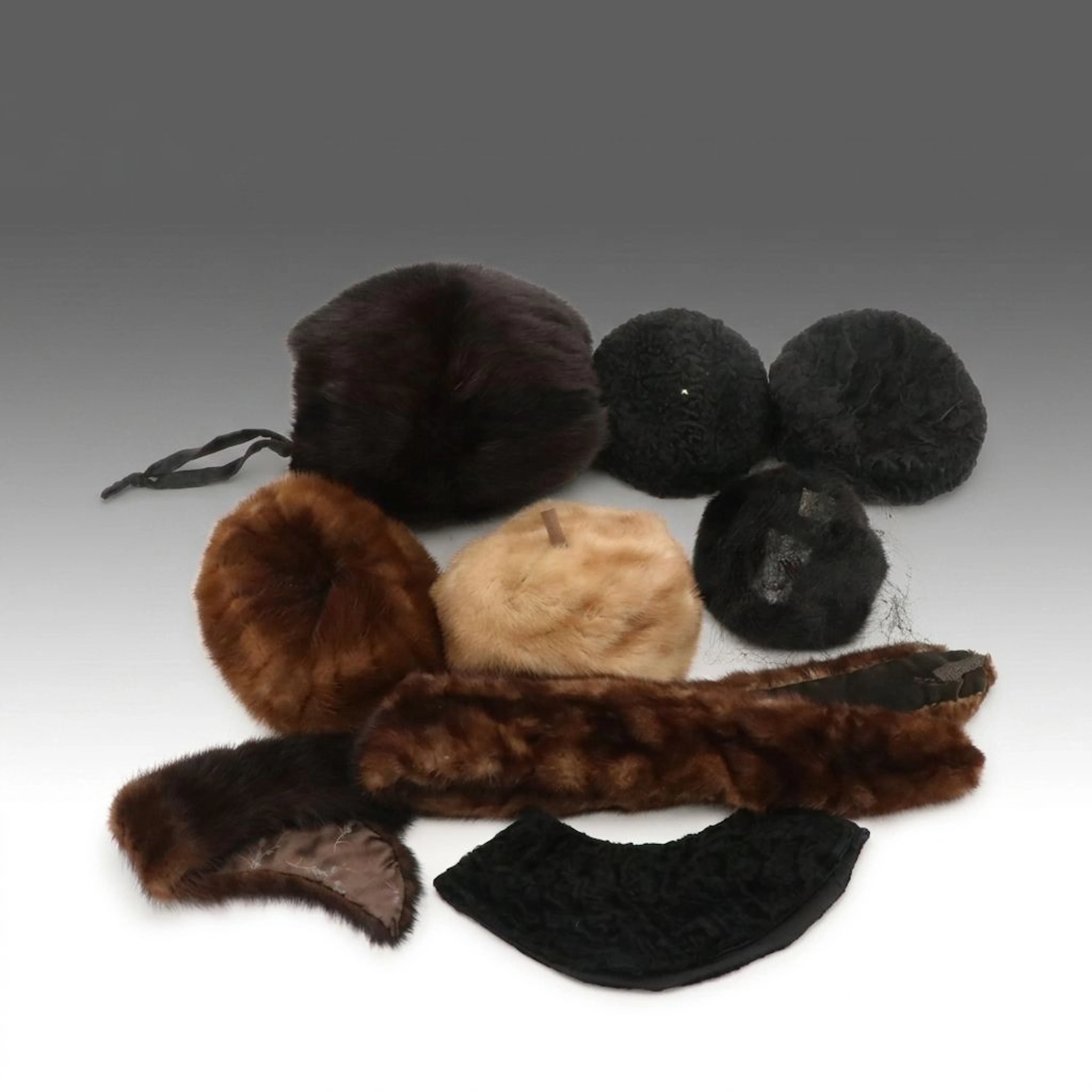 Gimbels Mink Fur Caps with Other Fur Muff, Collars, Stole, and Hats, Vintage
