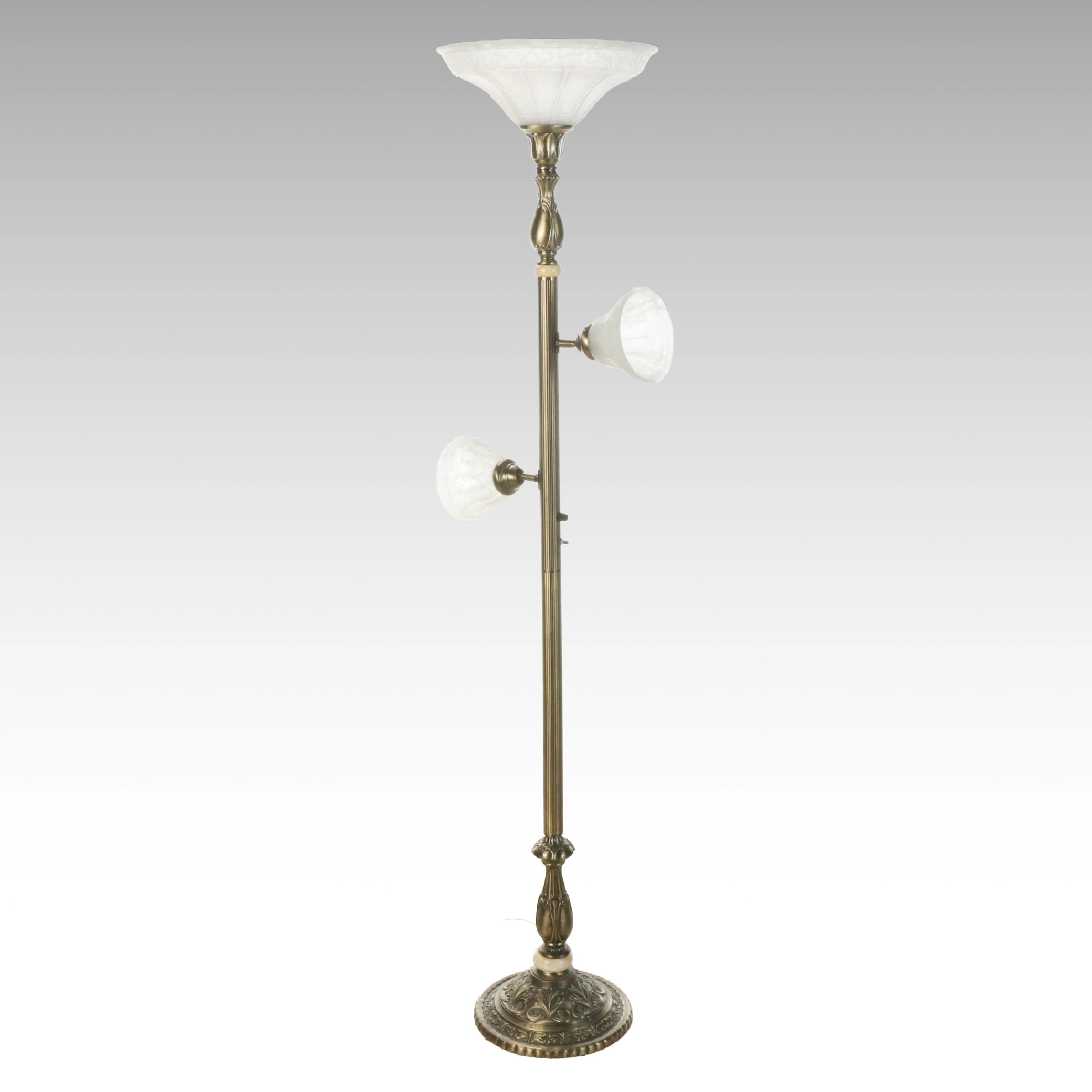 Victorian Style Three-Light Torchiere Task Lamp with Alabaster Glass