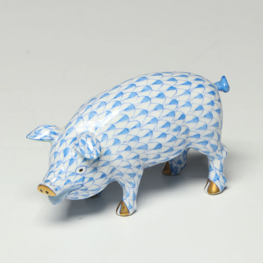 Herend Blue Fishnet with Gold "Pig" Porcelain Figurine