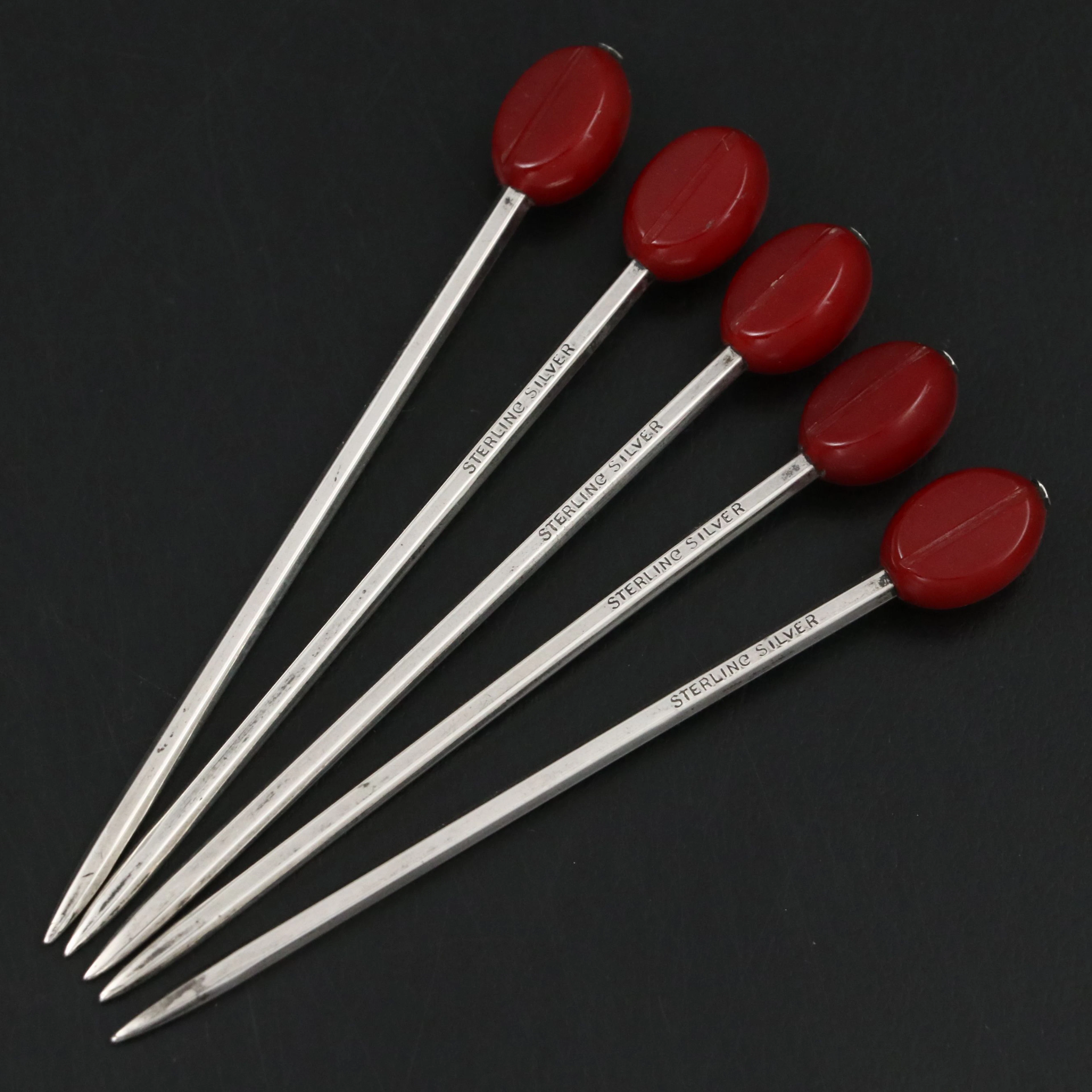 Vintage Sterling Silver and Red Bakelite Cocktail Sticks, Mid-20th Century